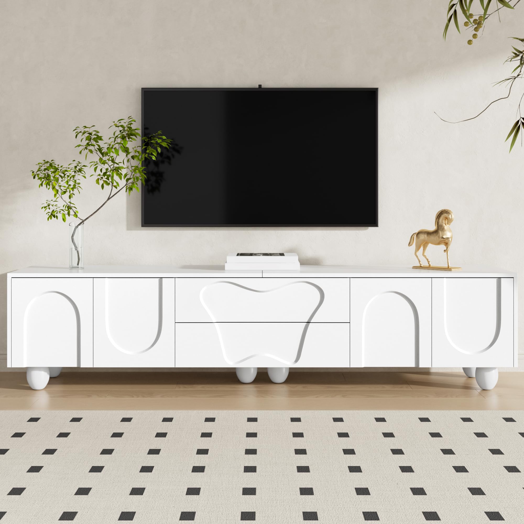 BTM 180 cm TV Cabinet with Wooden Legs – A minimalist and elegant TV cabinet with ample storage space, a unique design, and flexible storage solutions for a stylish living room,White