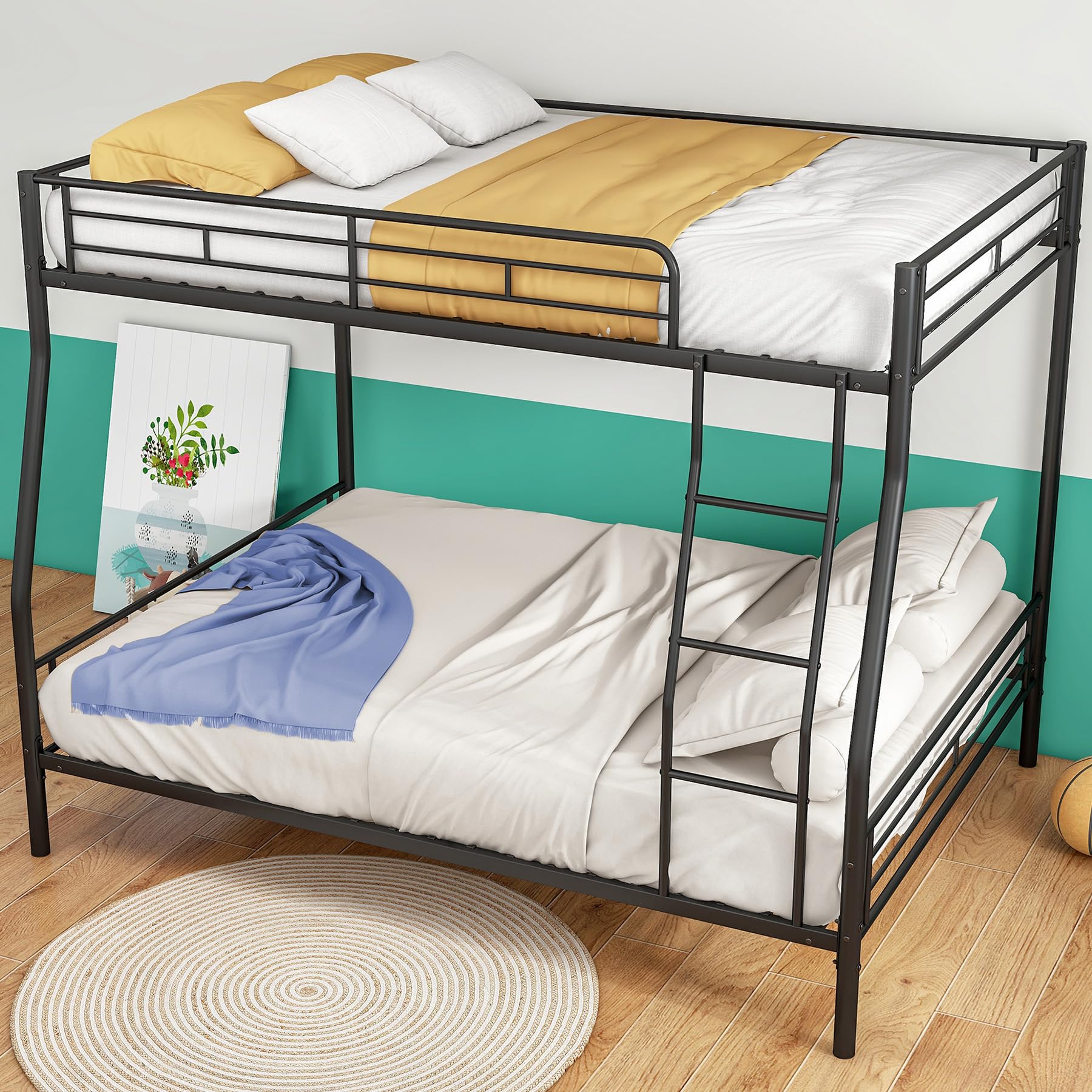 Full Over Queen Bunk Bed,Heavy Duty Metal Bunk Bed Frame for Adults,2 Side Ladder,Guardrail,Space-Saving,Noise Reduced,No Box Spring Needed,Black (Black, Full Over Queen)