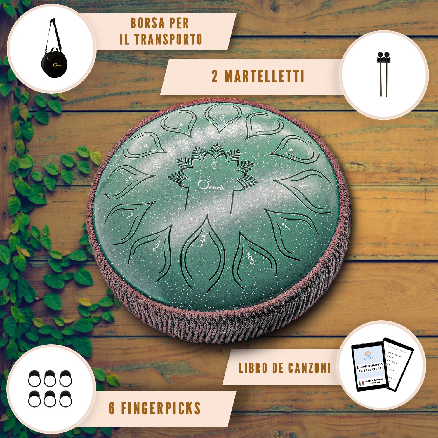 ORORA Handpan Steel Tongue drum 13 note - Strumento musicale per bambini e adulti - Tamburo zen e meditazione - Ebook di 20 spartiti in omaggio - Regalo originale relax