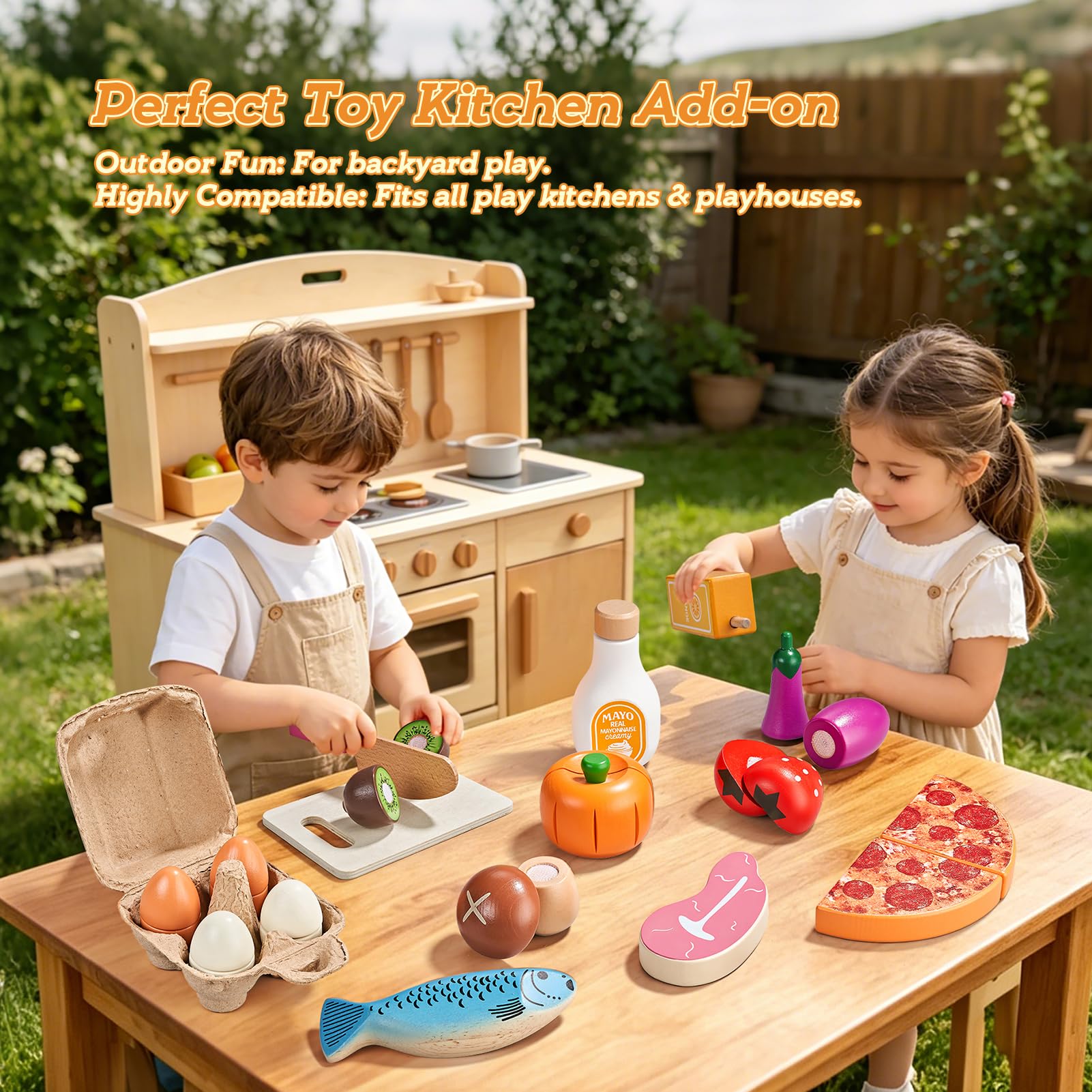 LAUGIGLE Wooden Play Food Set for Kids Kitchen, Montessori Toy Food Play Toy Food Food Play Accessories Cutting Fake Food Tote Bag, prezent urodzinowy