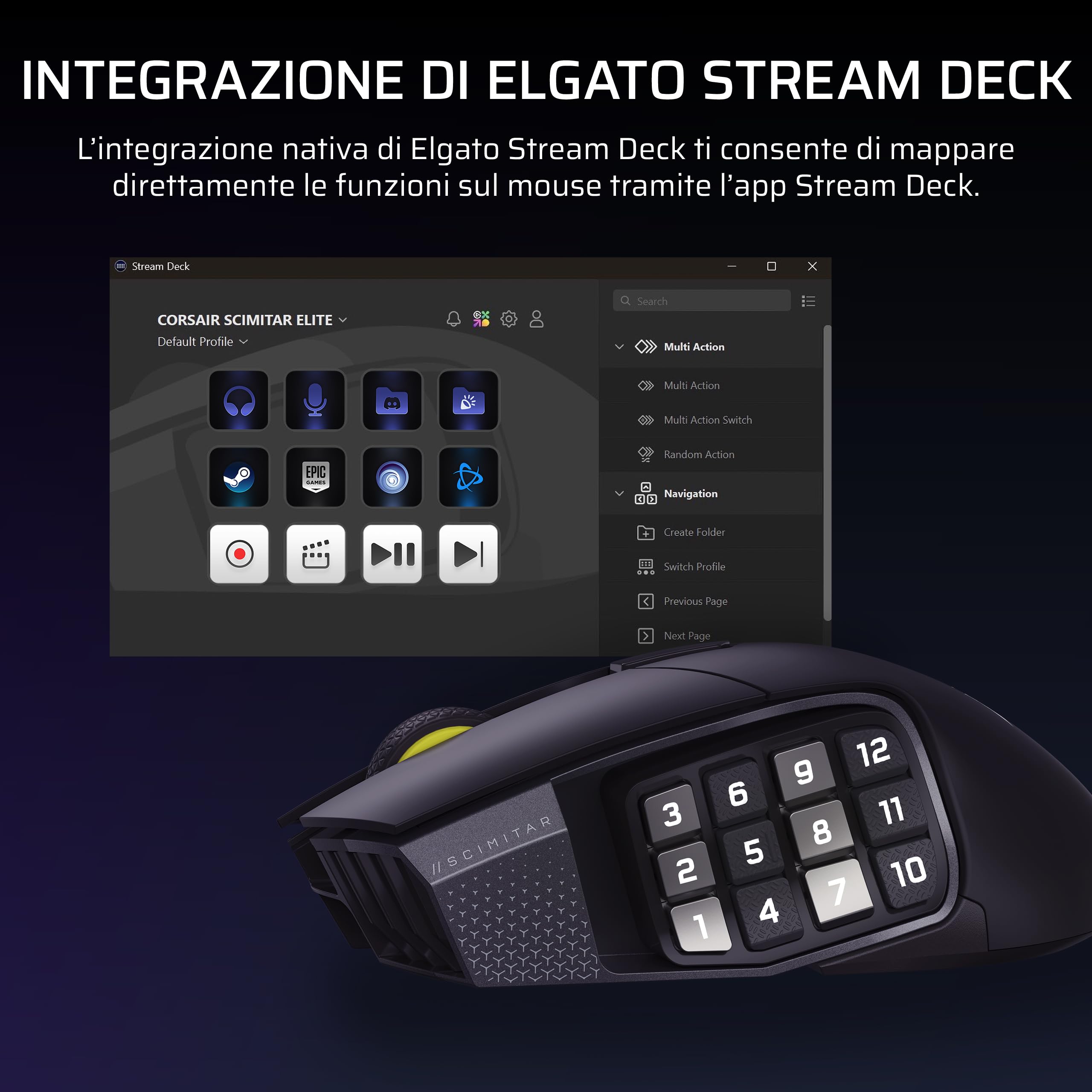 Corsair SCIMITAR ELITE WIRELESS SE Mouse da Gioco MMO – 33.000 DPI, 16 pulsanti programmabili, Key Slider™ regolabile, Hyper-Polling 1K - PC, PS5, PS4, Xbox, Mac – Metallizzato