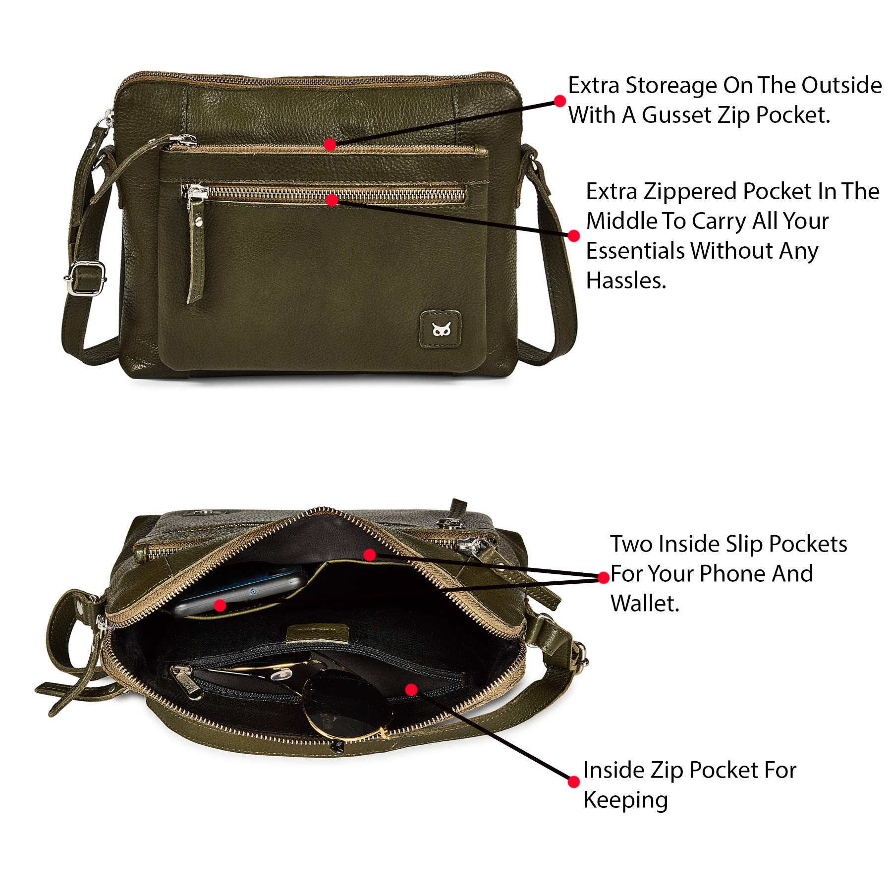 Leather Crossbody Bags for Women Small Soft Genuine Pebbled Sling Shoulder Handbag Crossover Purse with Full Adjustable Strap (): Olive Nappa