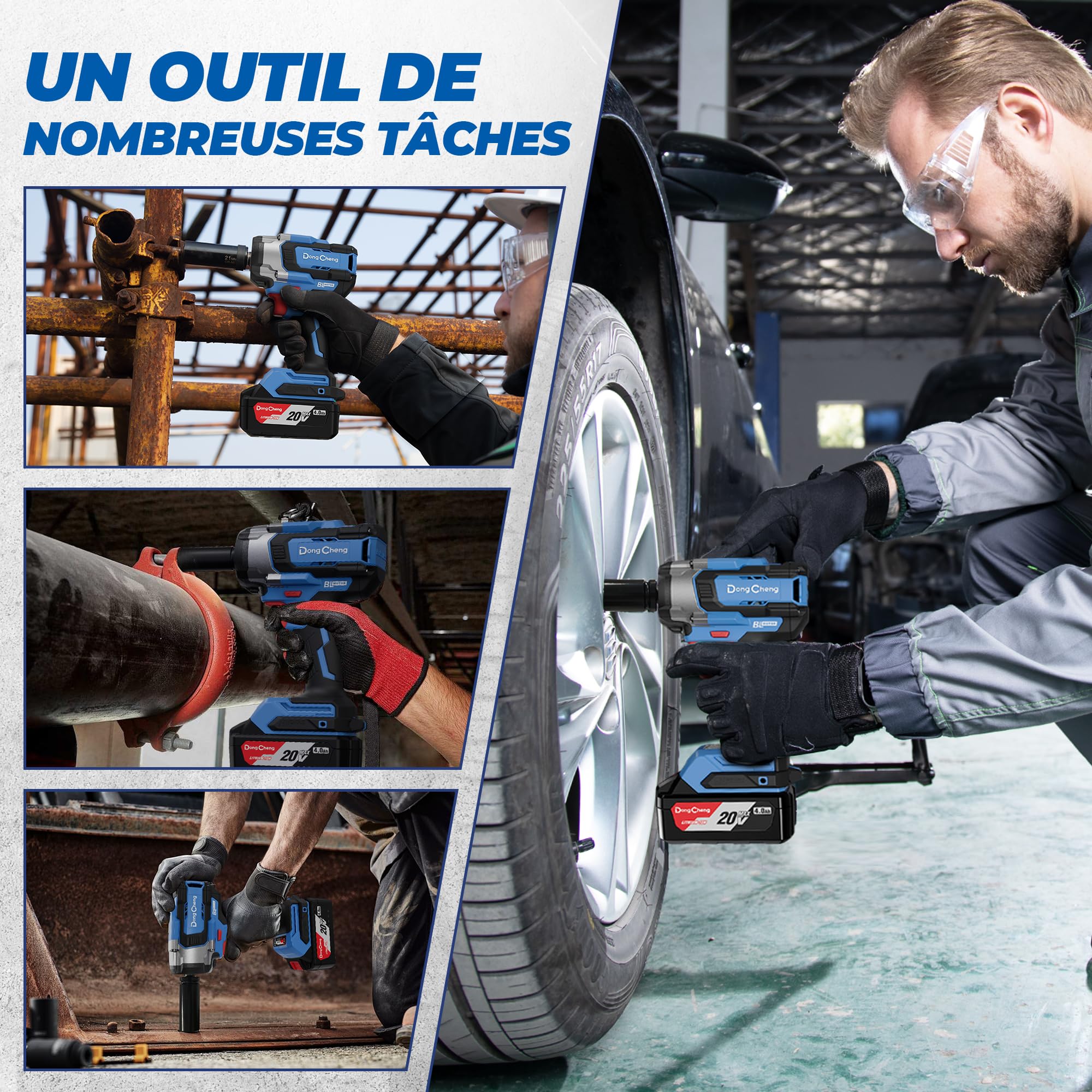 DongCheng Clé à Chocs Sans Fil Sans Balais, 20V, 4,0 Ah Li-ion, 800 Nm, 4 vitesses, avec douilles 17‑24 mm et lumière LED, pour le changement de pneu, la mécanique automobile et le chantier