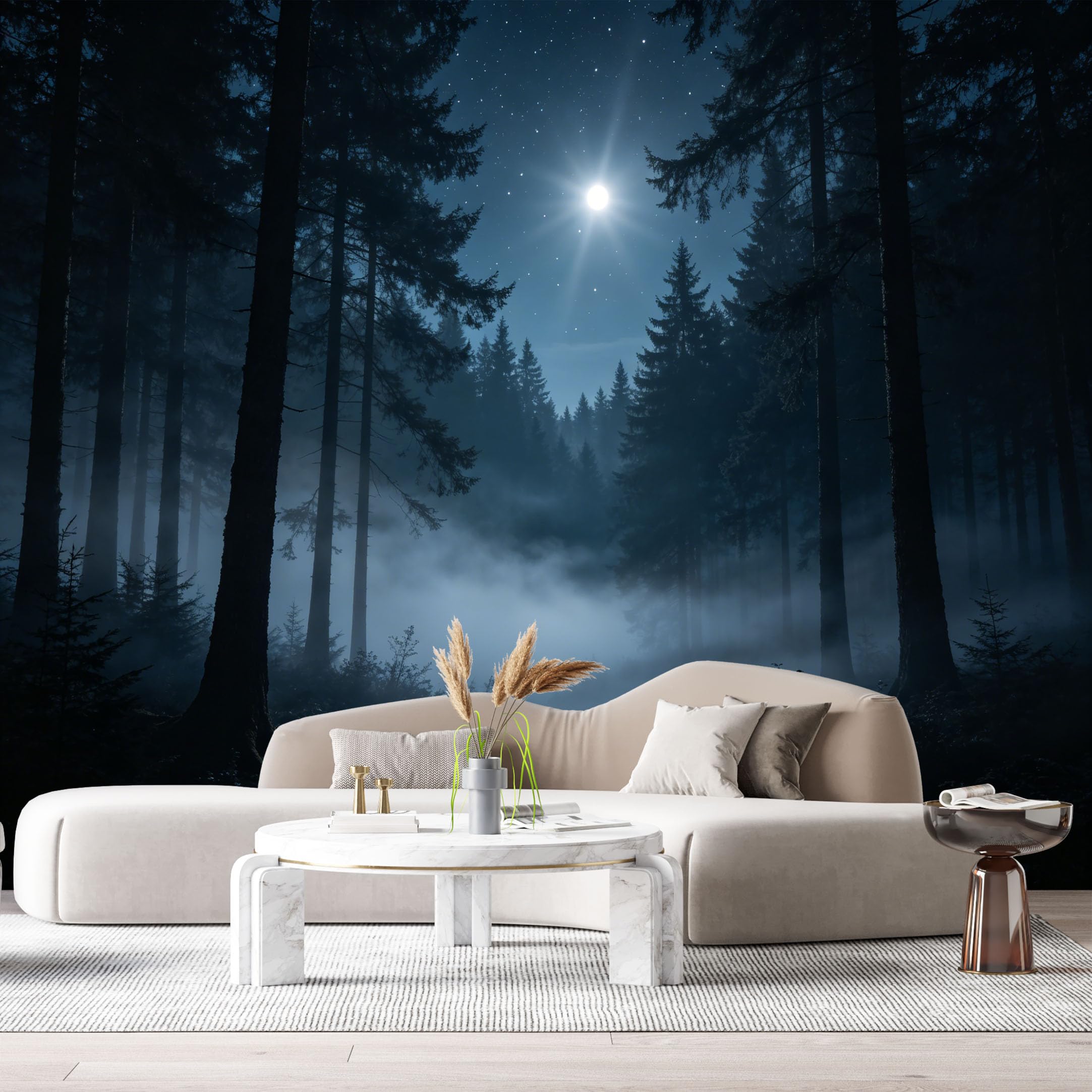 Custom Size Wall Murals Moonlit Forest Landscape Night Sky Misty Trees SelfAdhesive Wall Fabric Removable Large Wallpaper for Photo Living Room