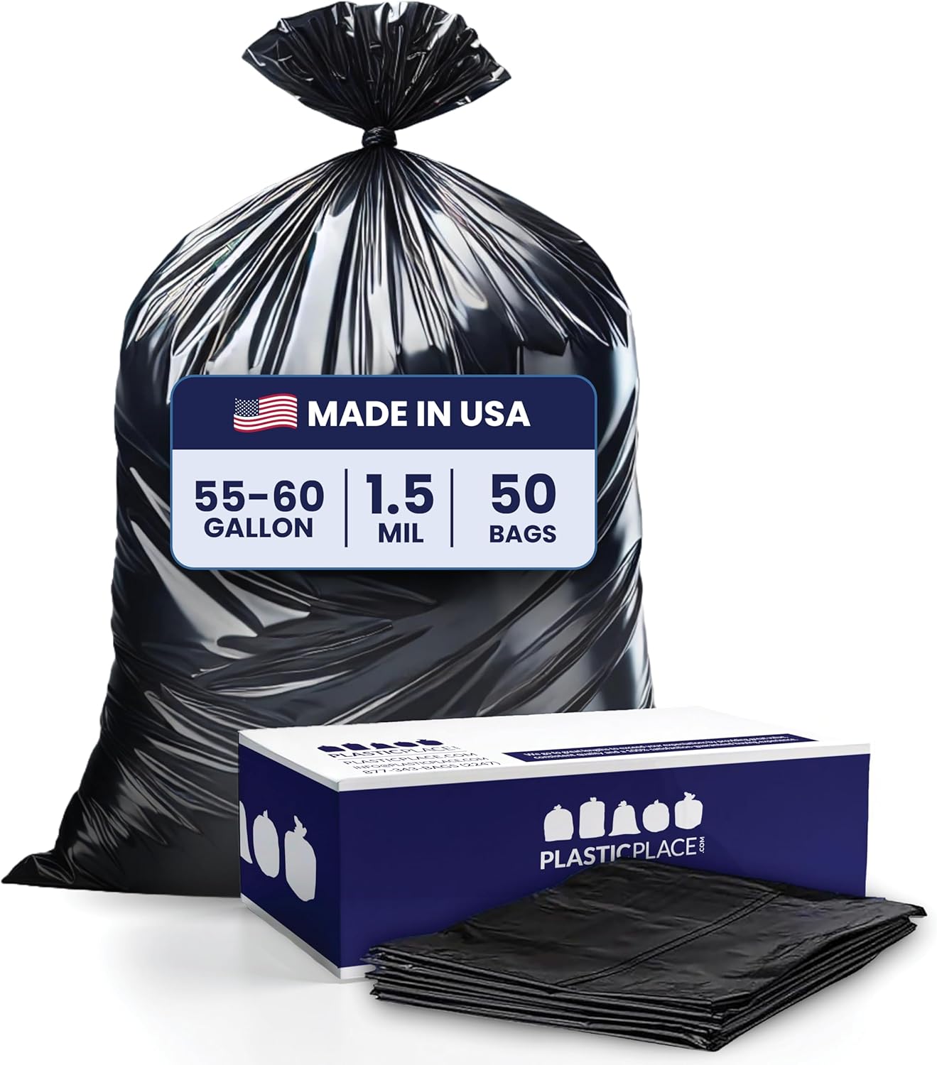 Plasticplace 55-60 Gallon Trash Bags │ 1.5 Mil │ Black Heavy Duty Garbage Can Liners │ 36” x 58” (50 Count)