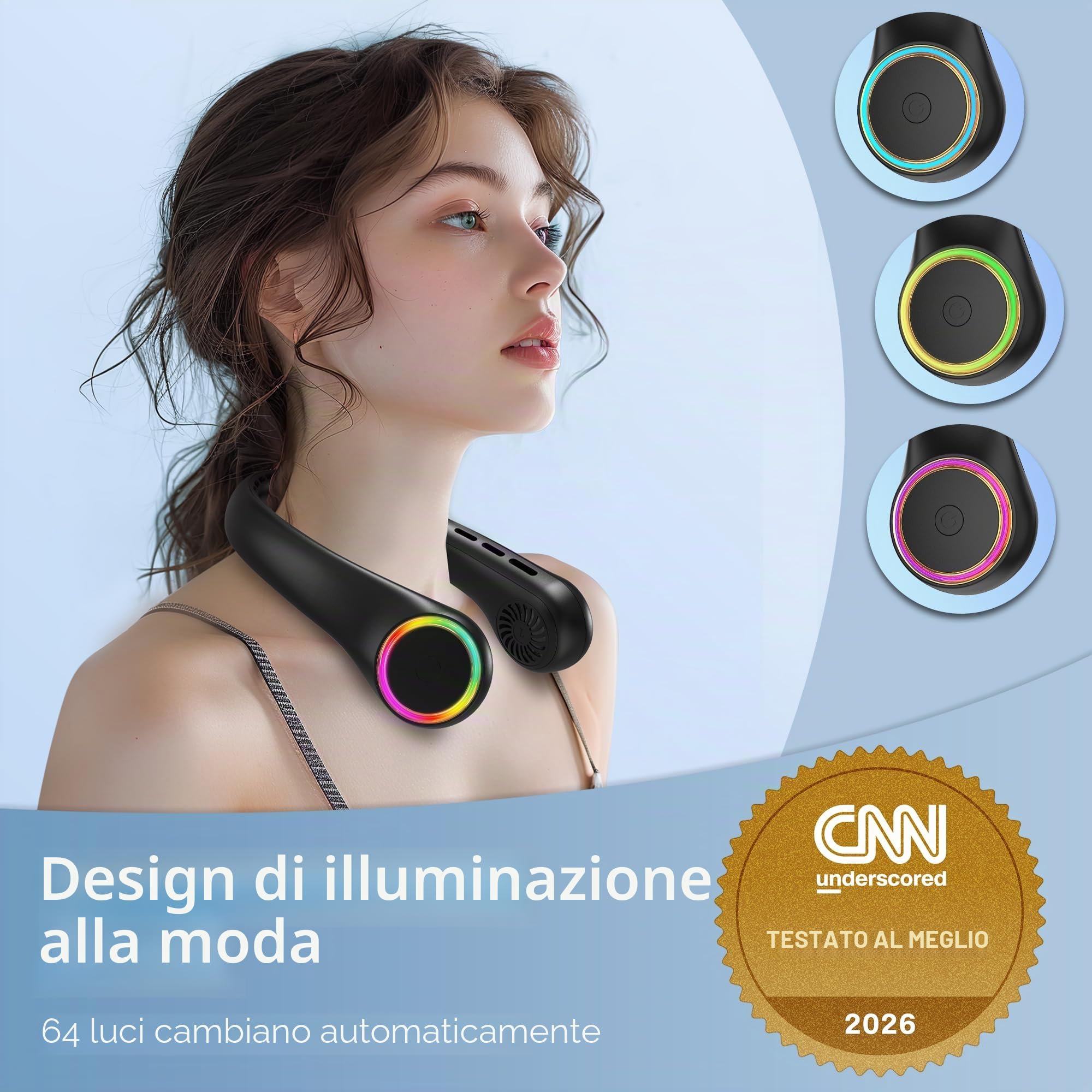 GULAKI Ventilatore da collo, portatile con durata 5-17 ore, 4000 mAh, 3 velocità, 64 luci fredde, ricaricabile, senza lama, nero
