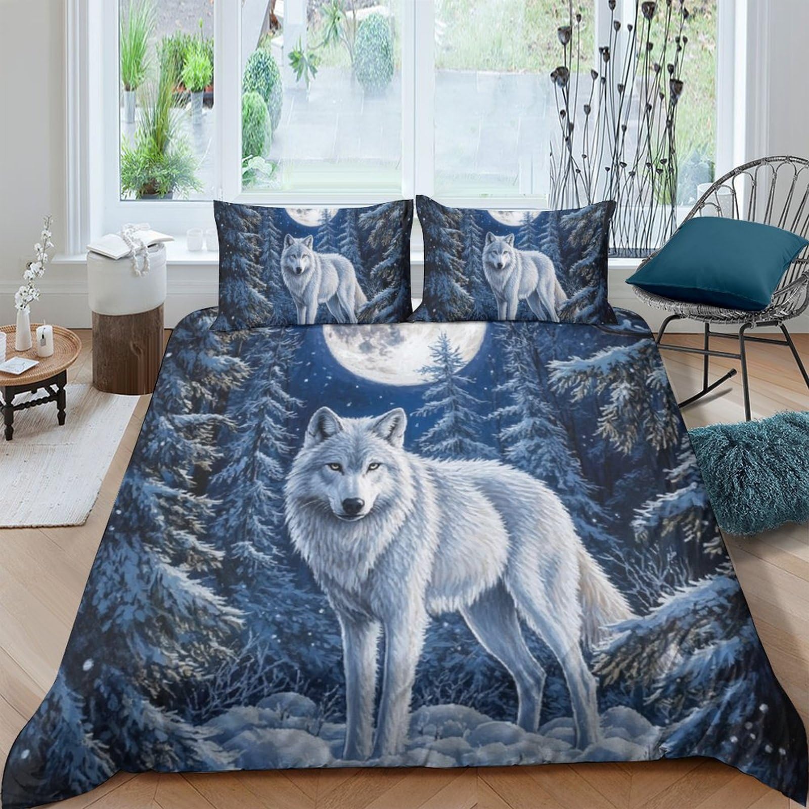 Ctjqhvkz Style-4 3D Printed Moonlit Wolf Forest Fitted Sheet Microfiber Soft Slip-Resistant Bed Cover For Bedroom Guest Room Decor Single（135X200cm）