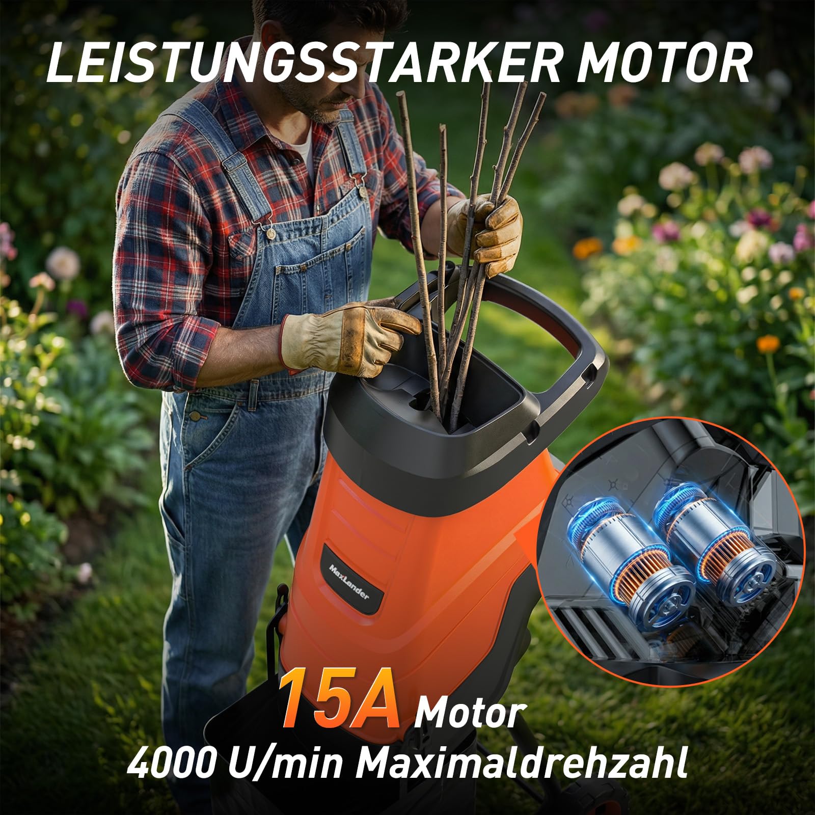 MAXLANDER 2600W Elektro Gartenhäcksler mit 45L Auffangbehälter, 45 mm Aststärke