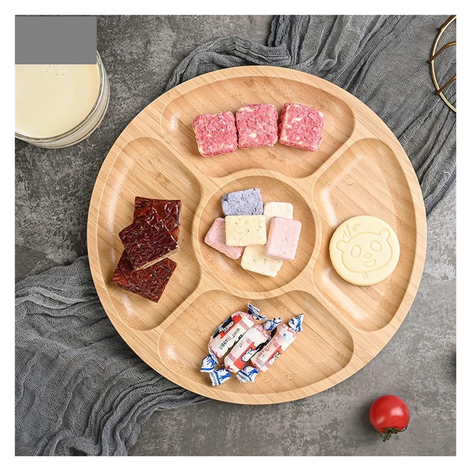 Vassoio Natalizio Vassoio da portata rotondo in bambù con 5 scomparti, ideale for snack, frutta, noci, piatto in legno con divisori for vassoi da festa(25cm)