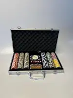 Maleta de Poker Profissional, 300 Fichas numeradas, Holográficas, 5 Dados, Maleta com Chaves