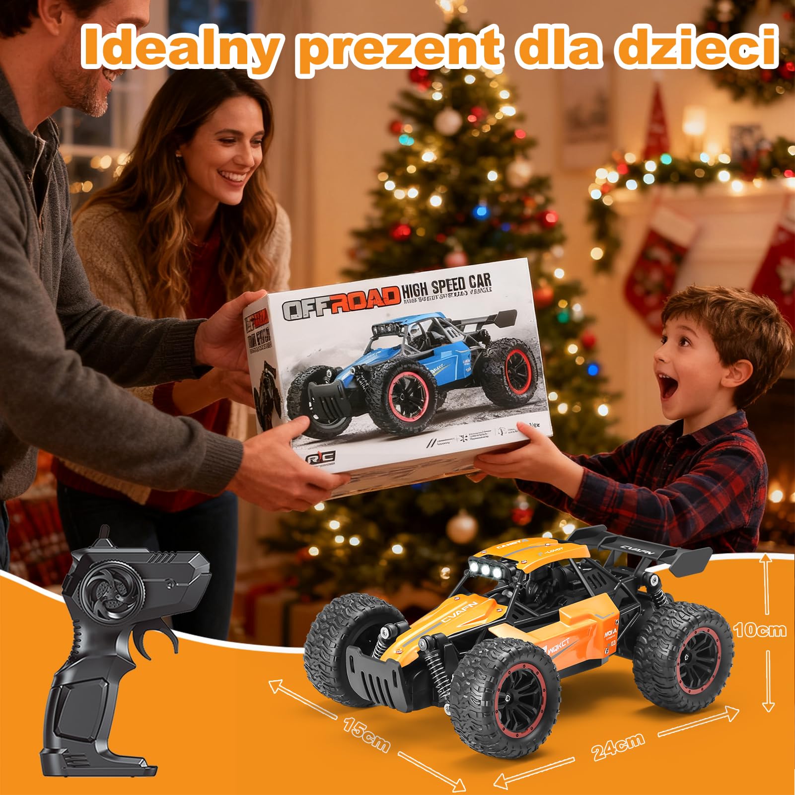 Jiakora Zdalnie sterowany samochód dla dzieci, 2,4 GHz Off-Road, samochód RC ze światłem LED, zdalnie sterowany monstertruck, samochód terenowy z 2 bateriami, samochód zabawkowy, prezent dla chłopców