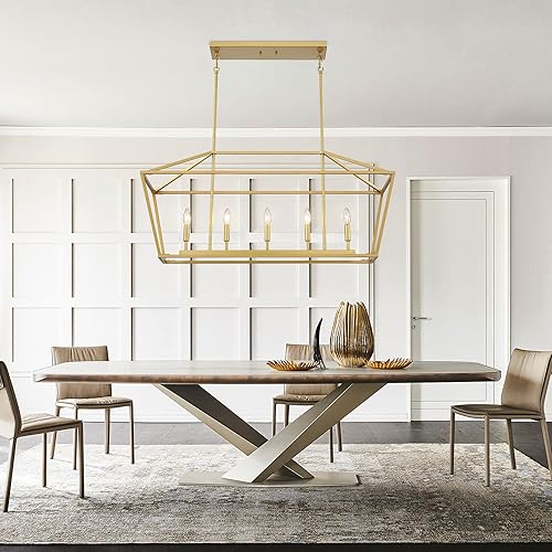 Miniatura 5 de Untrammelife Lámpara colgante de isla de cocina de 5 luces, lámpara colgante de linterna dorada, lámpara lineal moderna rectangular con varilla