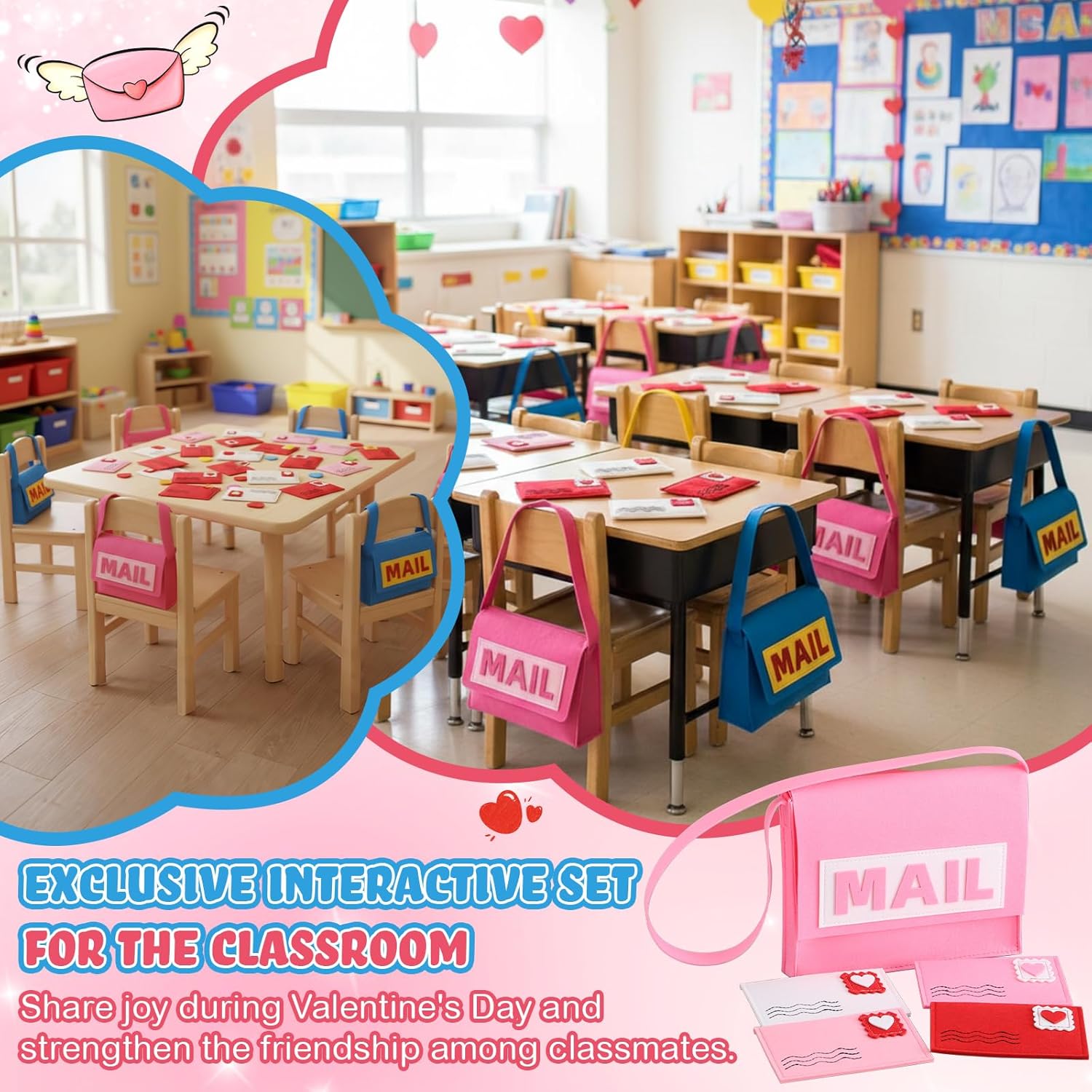 Libima Felt Mailbox with Envelopes Kids Valentine Mailbox Toy Mail Bag Gift Box Letter Greeting Cards Carrier 10 x 8 Inches for Boys Girls for Preschool Classroom Pretend Postman Mailman(Pink)