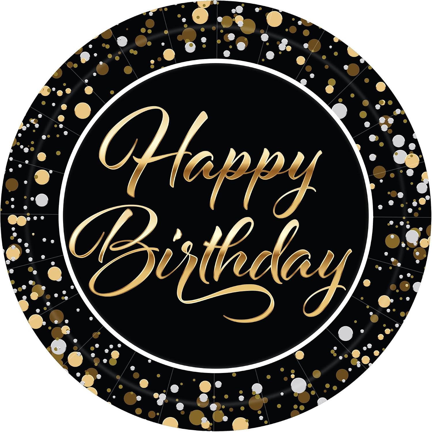 Beistle Happy Birthday Paper Plates – 16 Pack, Black and Gold Elegant Party Tableware with Script Lettering and Confetti Design, Round Disposable Dessert & Meal Plates for Milestone Celebrations, 9"