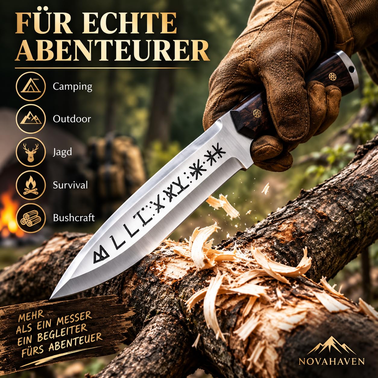 Novahaven Outdoor Messer mit Lederscheide – 39 cm Feststehendes Campingmesser mit 26 cm Klinge, Holzgriff & Nordischer Gravur – Grosses Camping Messer für Outdoor, Wandern & Bushcraft