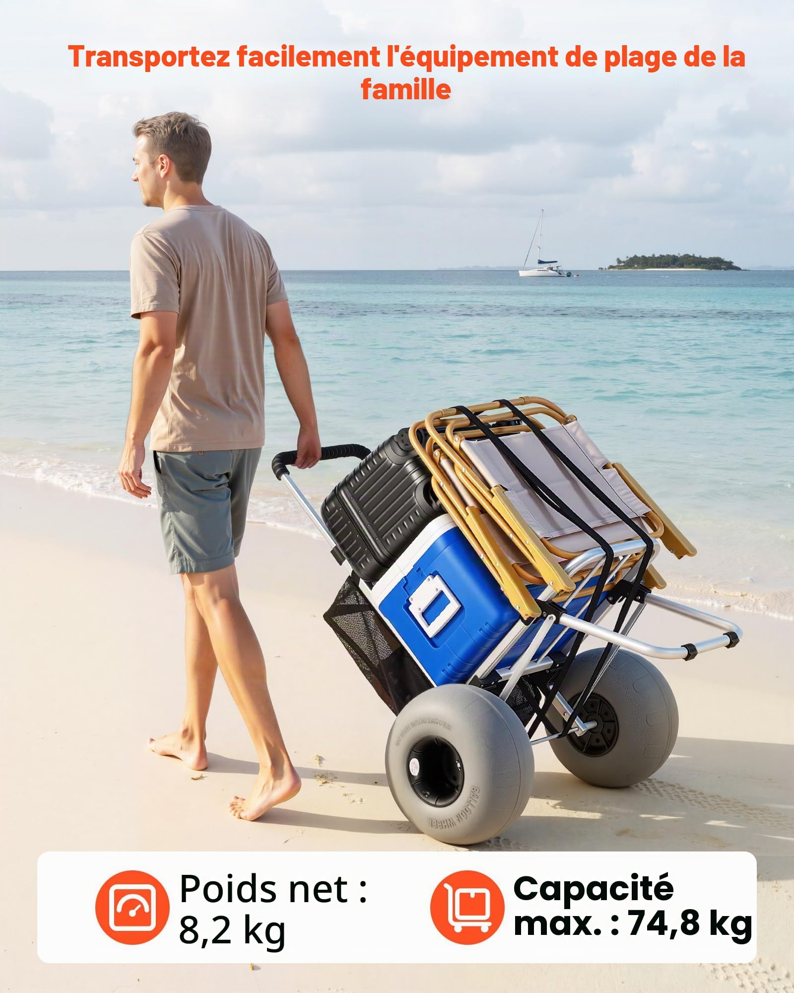 VEVOR Diable de Plage Tout-Terrain, Chariot de Transport Pliable Charge Maximale 75 kg, pour Camping Pêche Jardin Extérieur, Plateau de Chargement 50,5x37,4 cm, Roues Ballons 32 cm, Hauteur Réglable