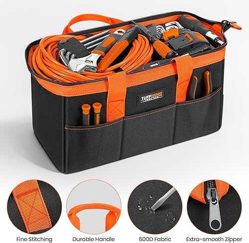 Miniatura 3 de Bolsa de herramientas, bolsa de almacenamiento resistente de 14 pulgadas con asas, tela de poliéster 600D de doble capa, negro y naranja,
