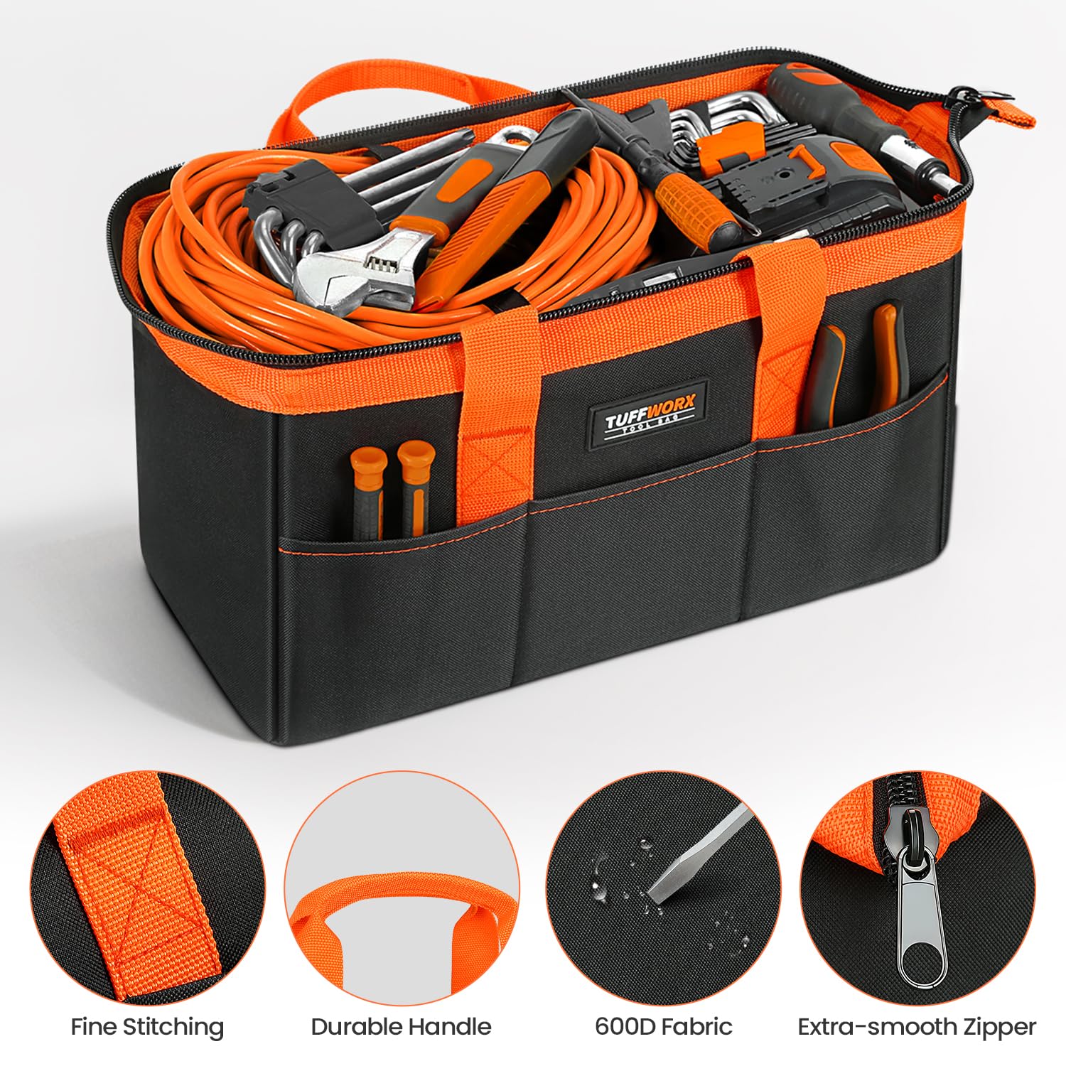 TUFFWORX Wide Open Mouth Tool Bag, Multi-pockets Tools Storage Bag, Heavy Duty Tool Organiser with Handle, Black and Orange, 14 Inch - Image 3