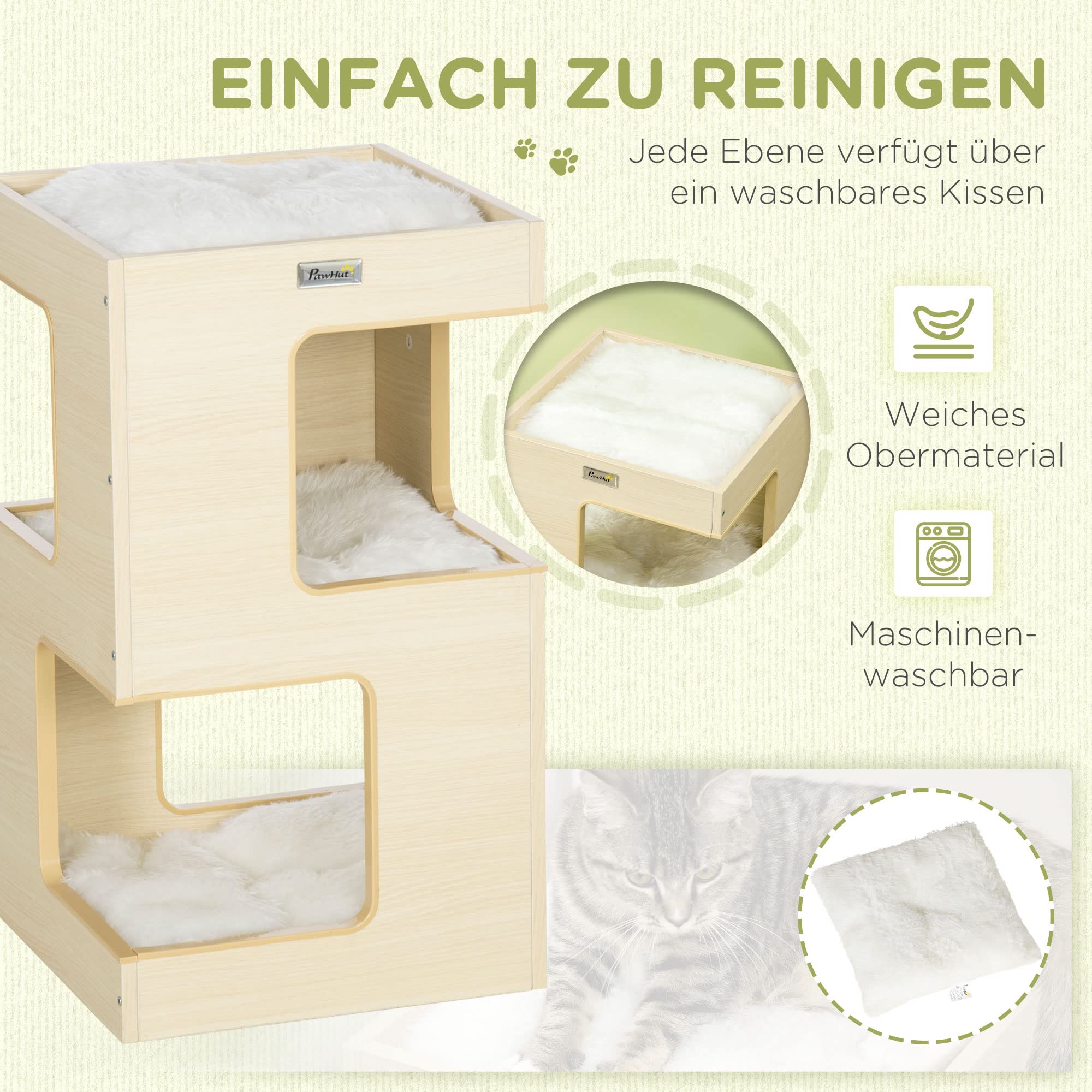 PawHut Katzenhöhle 3-stufiges Katzenhaus mit Kissen 34 x 34 x 60 cm Eiche