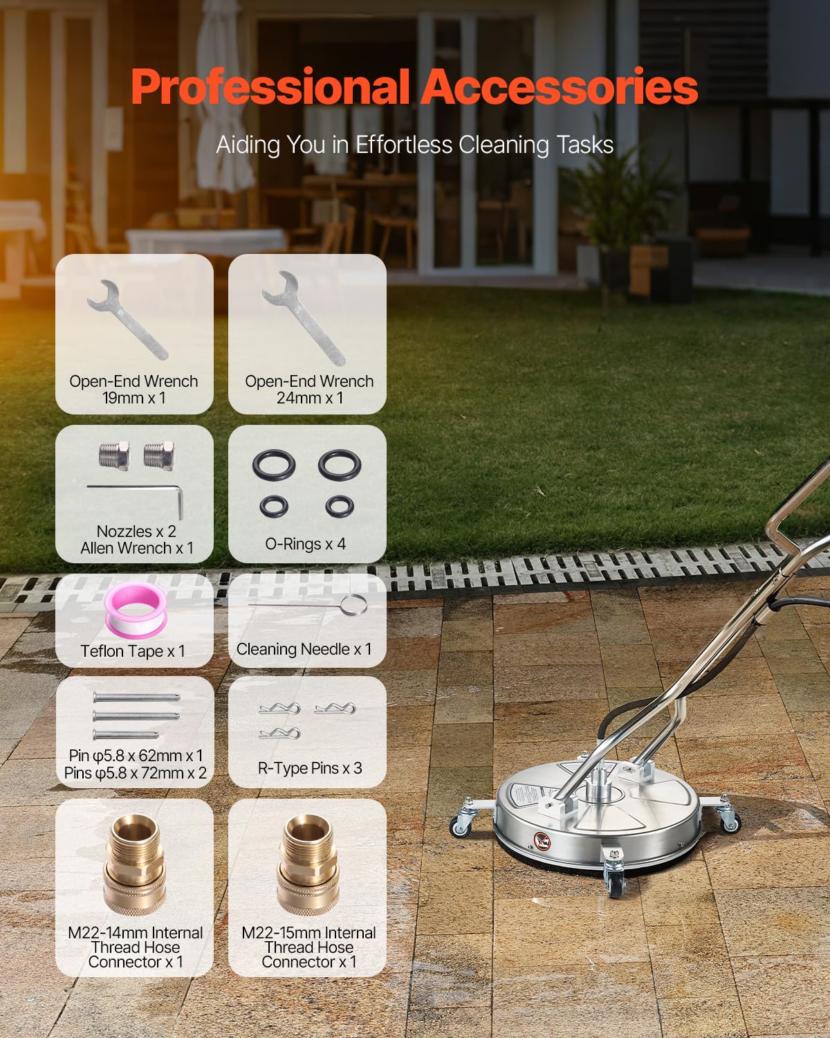 VEVOR Limpiador de Superficies con Hidrolavadora, Acero Inoxidable, 4 Ruedas, Forma Redondo, 27,58 Mpa máx., 2 Boquillas Rociadoras, Mango Doble, para Concreto, Patio, Acera, 465 x 465 x 1465 mm