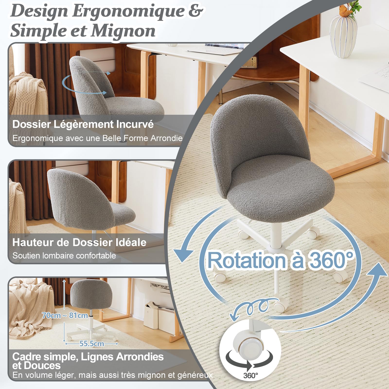 Bonnlo Chaise de Bureau Mignonne sans Accoudoirs, Petite Chaise Confortable, Fauteuil de Coiffeuse avec Support Lombaire, Chaise Pivotante Réglable pour Bureau, Chambre, en Teddy (Gris)