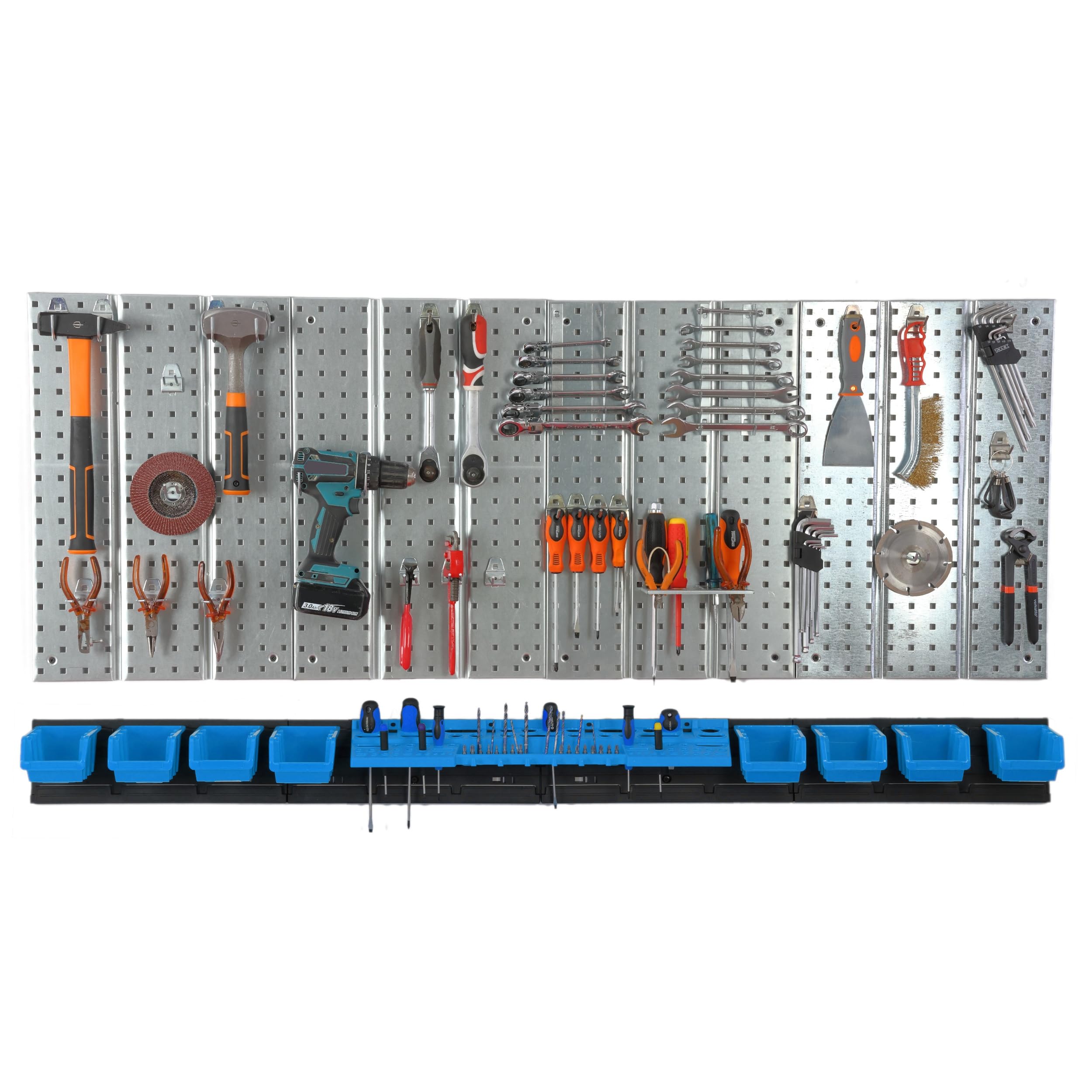 Mur à outils en métal - 156 x 72 cm - Système de rangement outillage avec porte-outils, crochets à outils et 8 boîtes empilables - 100 x 150 x 70 mm - Couleur : bleu