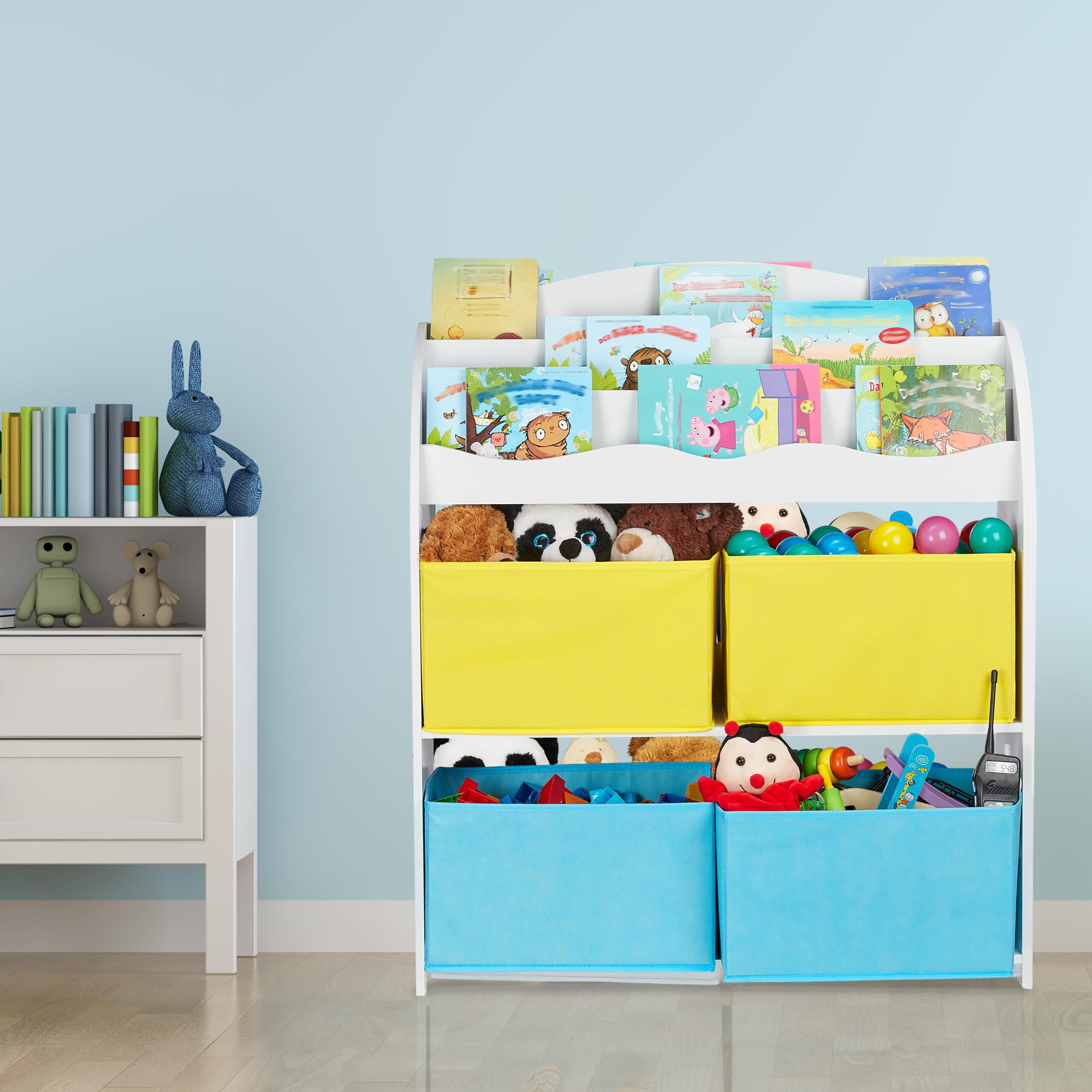 Relaxdays Estantería Infantil, 4 Cajas Tela, Mueble Juguetes, Librería Niños, 98 x 82,5 x 30 cm, Animales, Multicolor