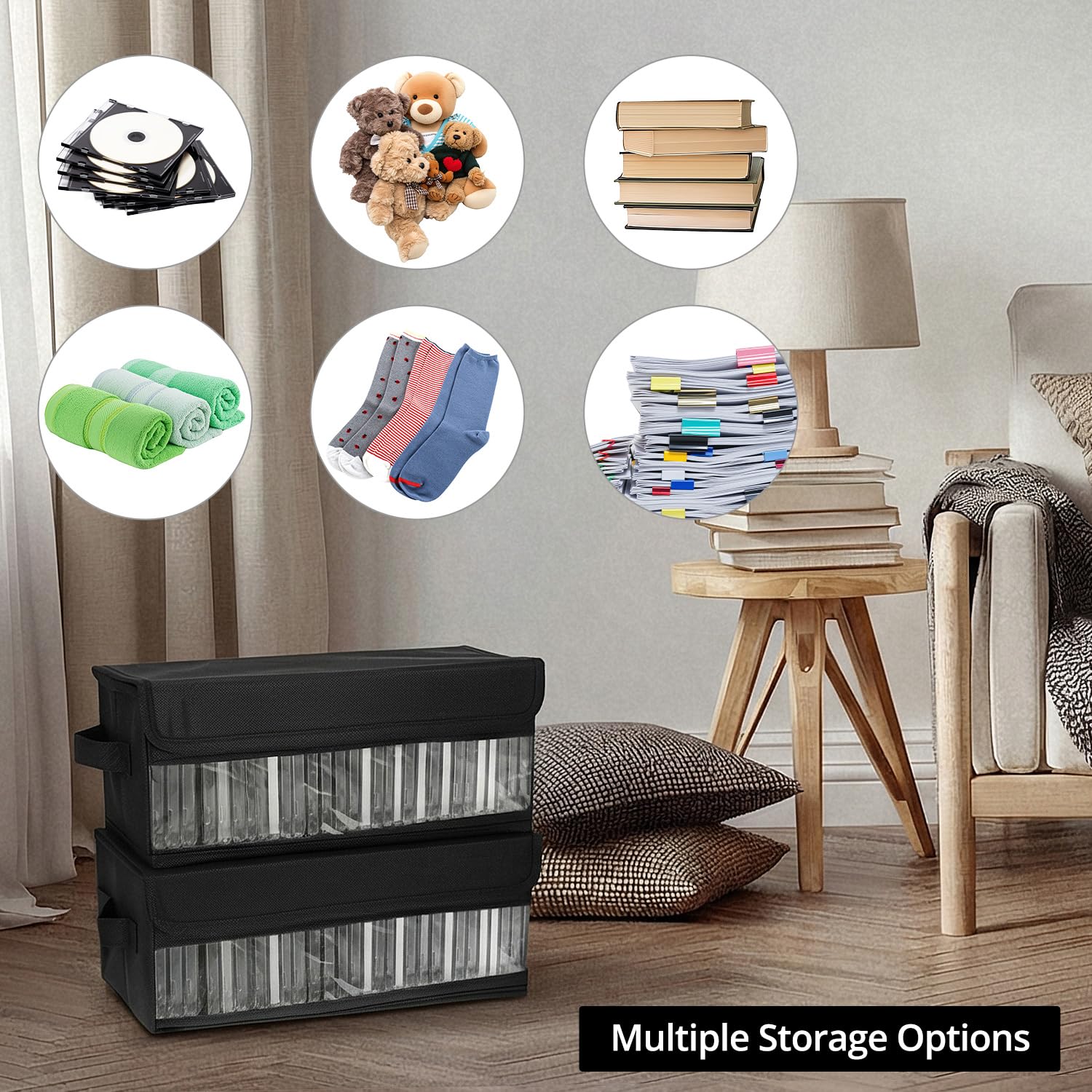QWORK® Confezione da 2 Scatole Porta CD, 36x14x6 cm, Organizer in Tessuto Nero per 30 Standard per CD, 60 Custodie Slim o 165 Custodie Porta CD
