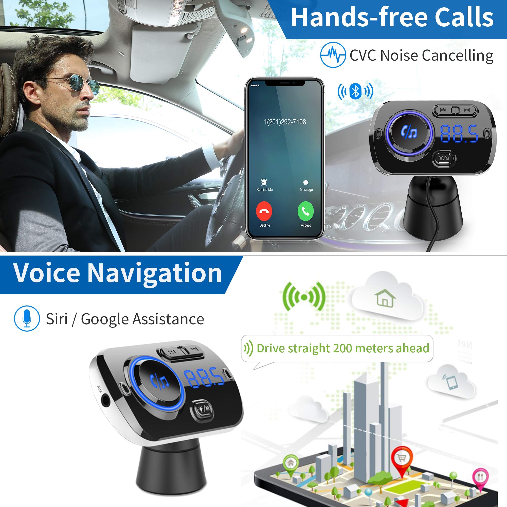 Transmetteur FM Bluetooth 5.0 Pour Voiture - Chargeur 2 USB + PD - Appels Mains Libres - Lecteur MP3/TF - Compatible 12-24V