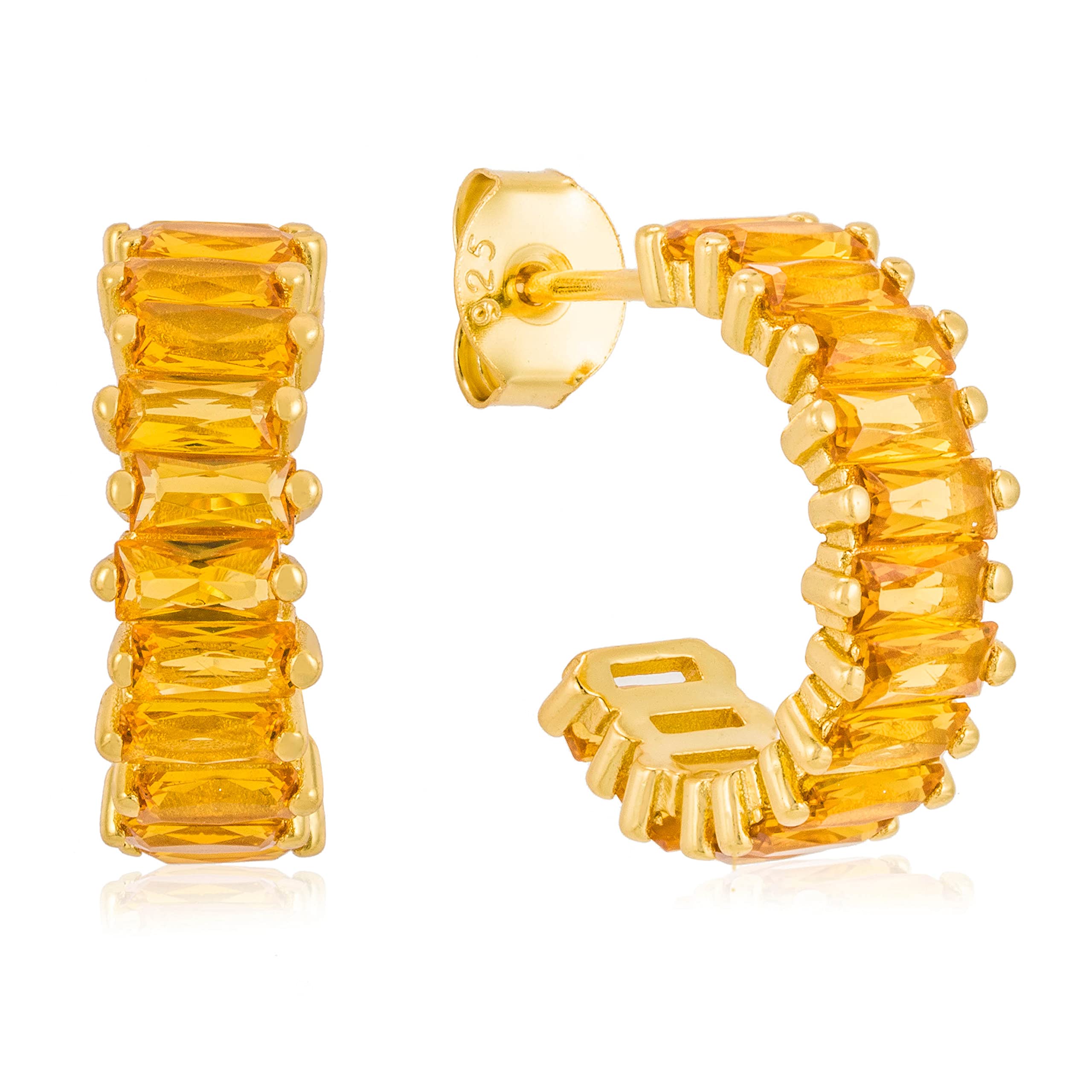 Ohrringe Silber 925. Creolen Gold mit Zirkoniasteinen Baguetteschliff bunt. Schmuck Damen vergoldet mit 18 Karat (Silber und Gold) für Frauen und Mädchen. Durchmesser der Huggies: 15mm.