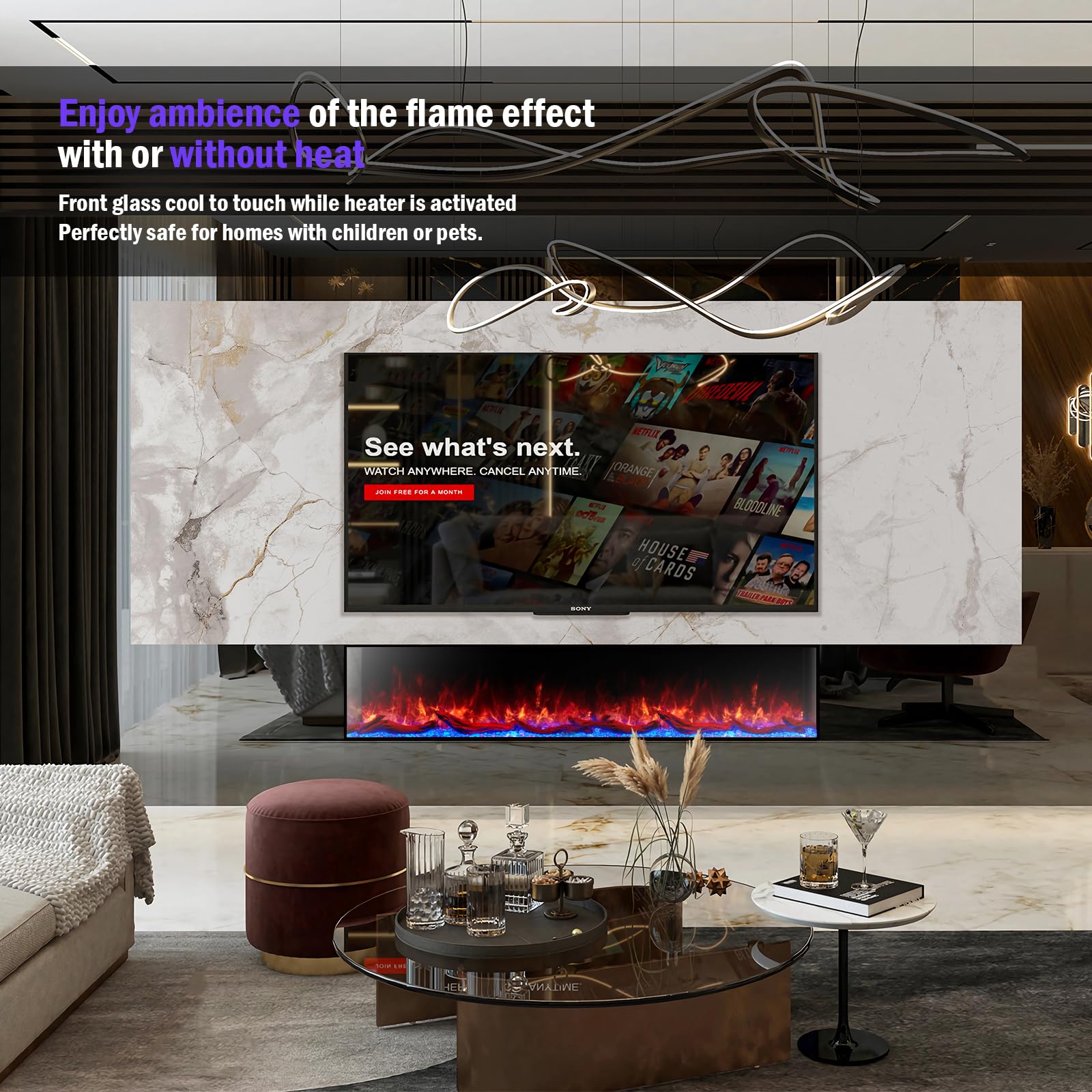 68 inch 3-Sided Electric Fireplace, Smart Wi-Fi Remote Control Fireplace Heater, Realistic 251 RGB Flame Fireplace Insert, Wall Mount or in-Wall Recessed Electric Fireplace, Log and Crystals