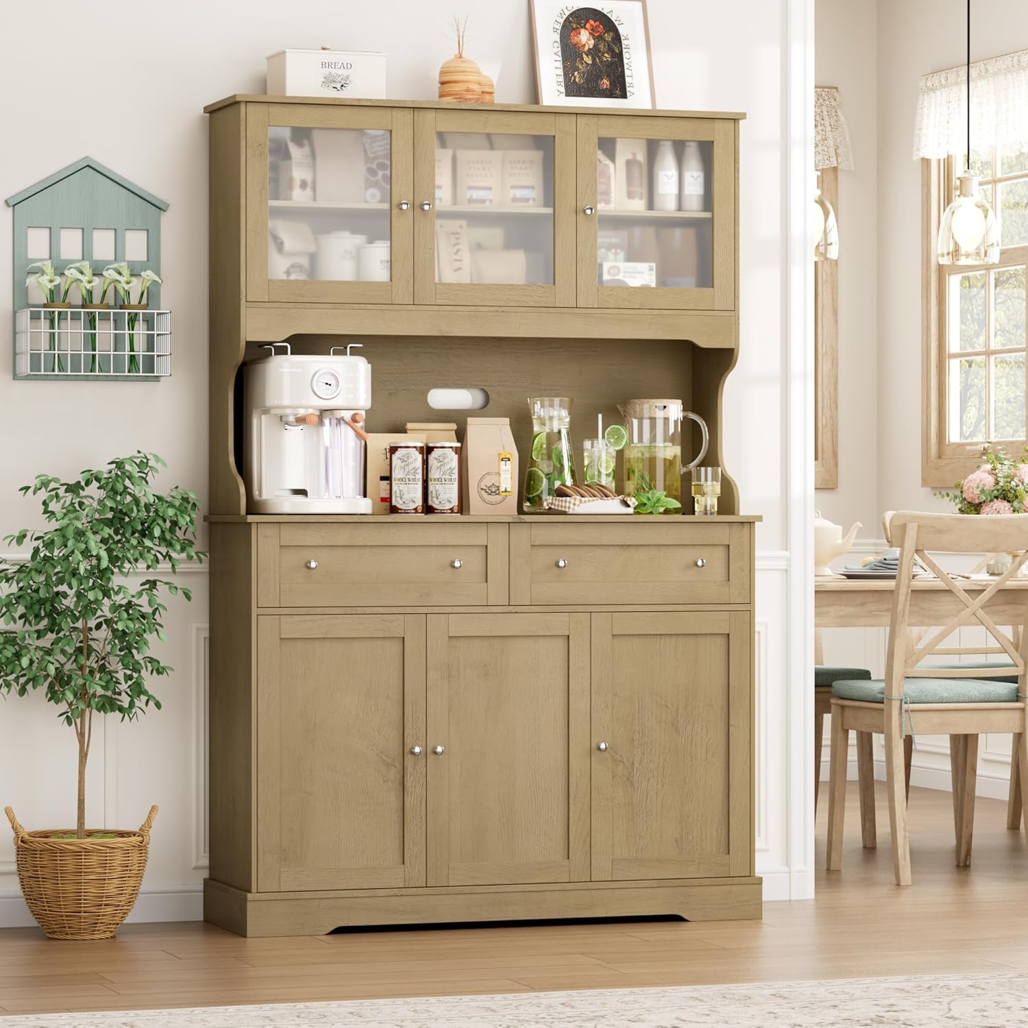 FACBOTALL 71.9" Kitchen Pantry Cabinet, Tall Storage Cabinet, Kitchen Hutch with Countertop and Outlets, Farmhouse Tall Pantry Storage with Doors and Shelves, Oak