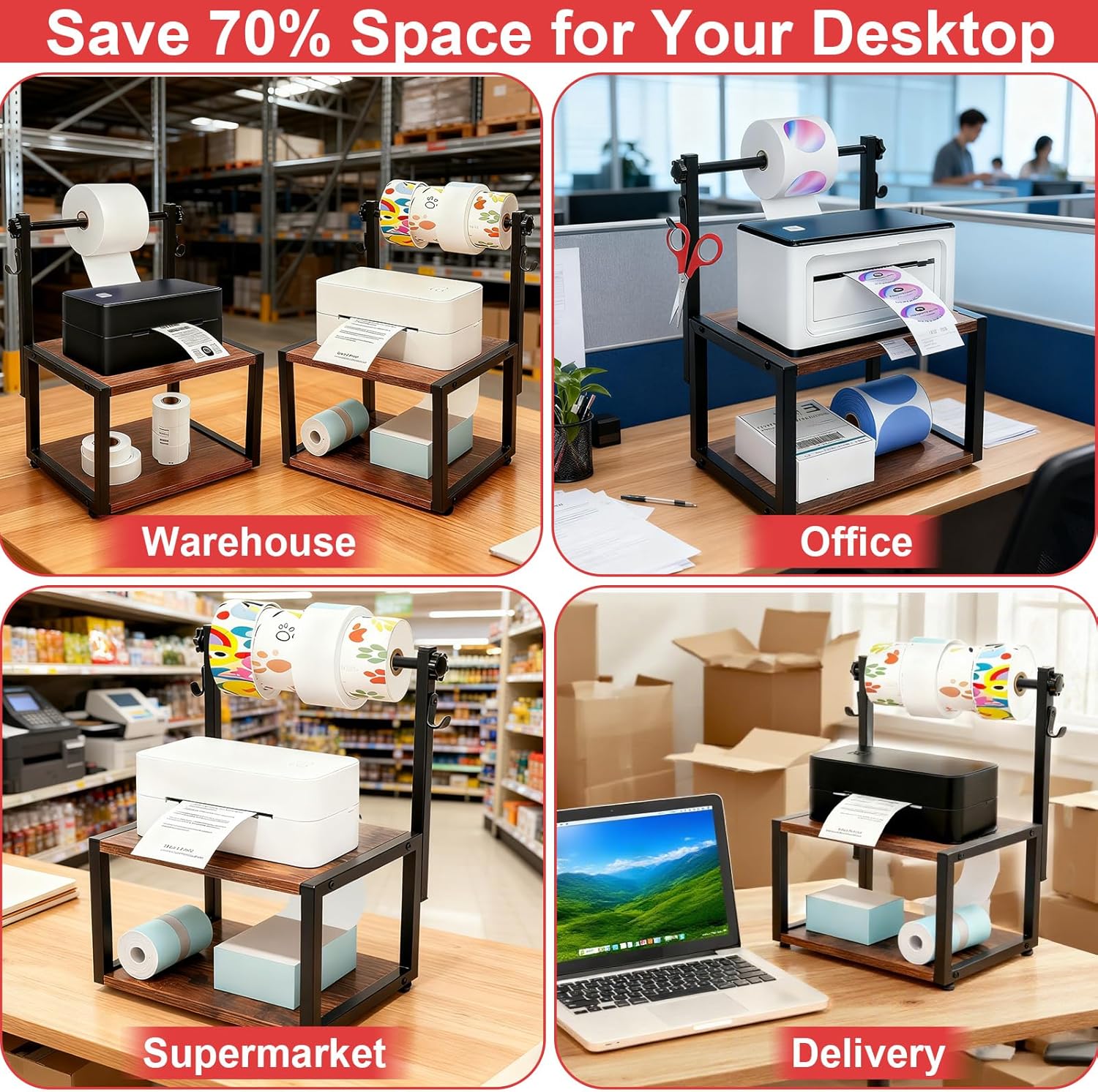 Label Holder for Rolls and Fan-Fold Labels, Wooden Sticker Dispenser for Desktop Thermal Printer and Accessories Storage, Self-Adhesive Label Organizer Stand for Home, Office, Small Businesses - Image 7