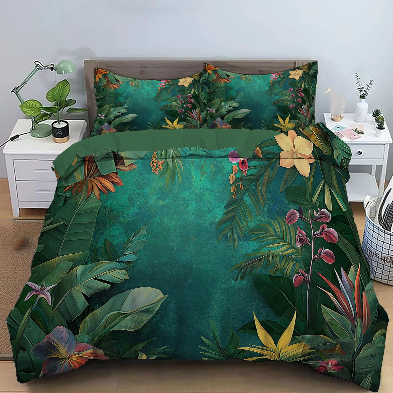 Housse de couette zippée 260x240 pour lit adulte imprimé forêt tropicale