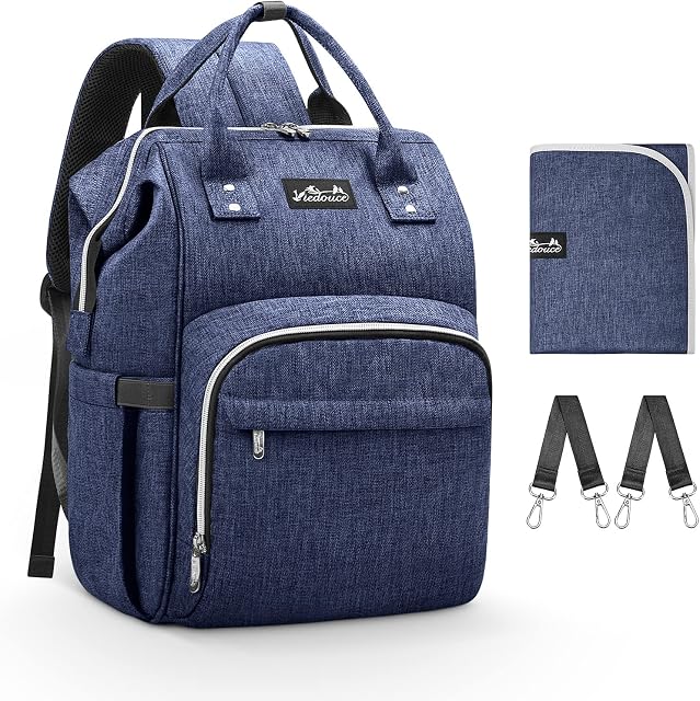 Baby Changing Bag, Viedouce Baby Diaper Bag Nappy Backpack, Maternity Bags with 1 Pcs Diaper Changing Pad and 2 Stroller Straps, Waterproof, Large Capacity for Mom and Dad (Blue)