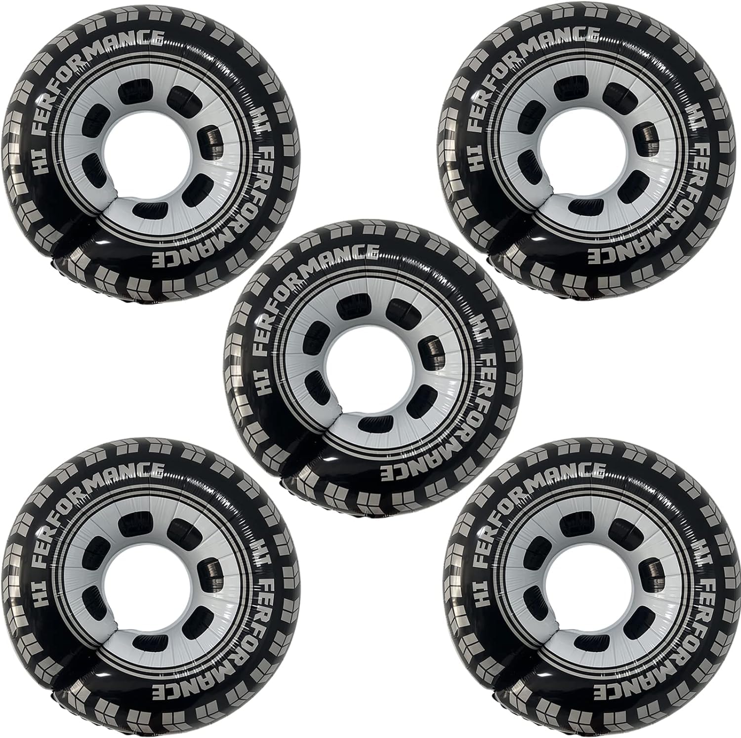 Pack of 5 Racing Car Birthday Party Accessories - Tyre Balloons, Round Aluminium Foil Wheels - Race Car Decorations, Large Wheels