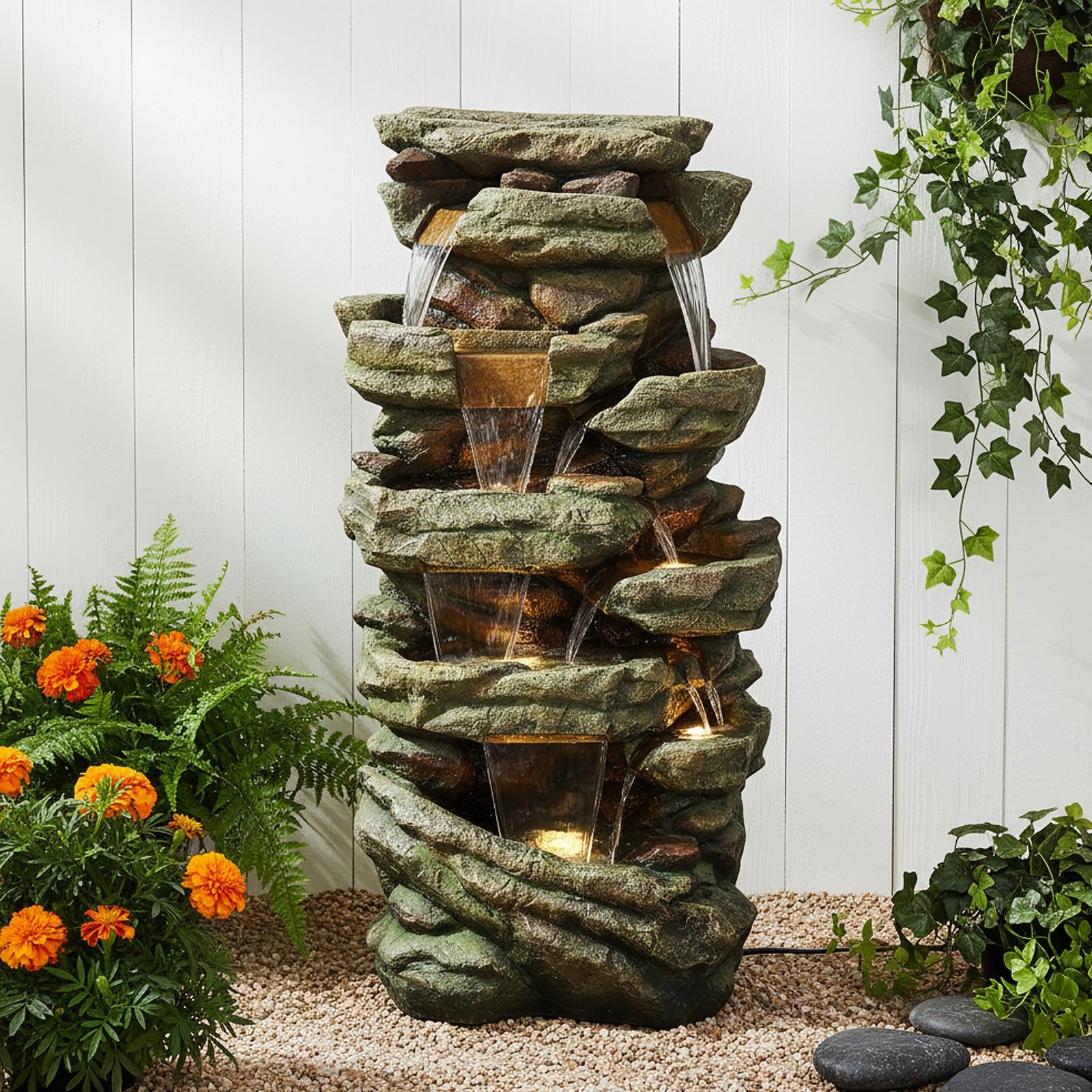 SunJet 59" High Multi-Tiers Cascading Rock Outdoor Water Fountain with LED Lights - Large Outdoor Fountains and Waterfalls for Garden or Patio, Yard, and Deck Decor, Featuring Natural Stone Look
