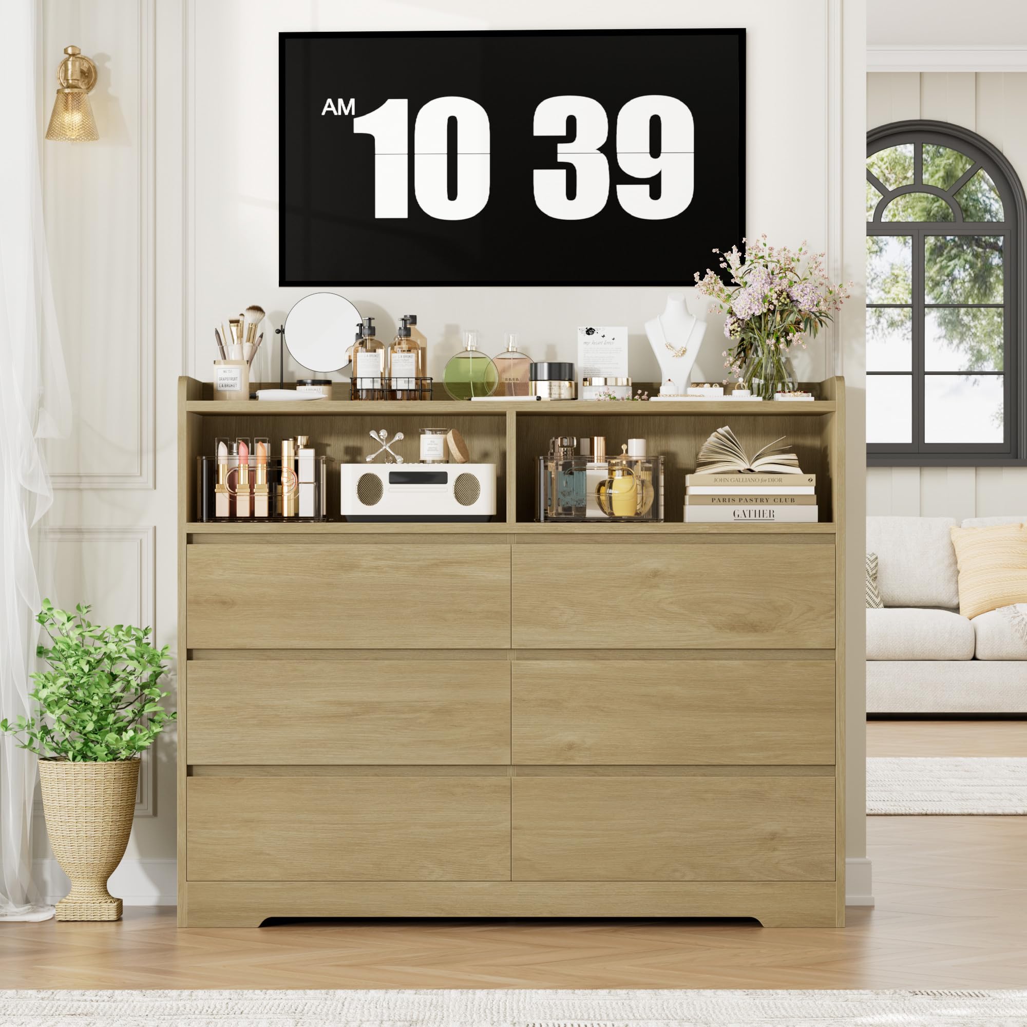 FOREHILL Comodas y Cajoneras Dormitorio Roble Anch. 120 cm Cajonera Armario Interior Comoda 6 Cajones 2 Compartimentos Abiertos para Salón Dormitorio Pasillo 120x40x100 cm
