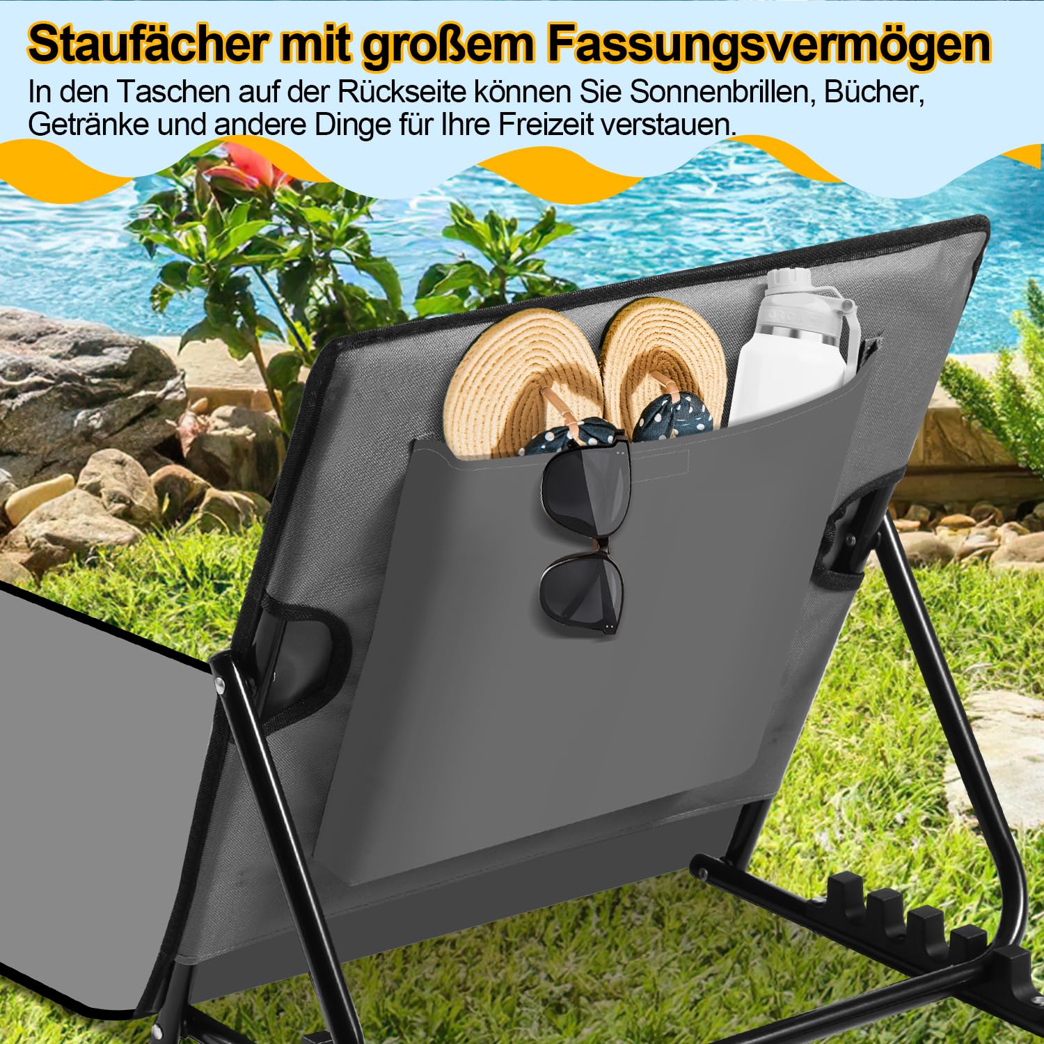 Lot de 2 tapis de plage pliables de 158 cm, dossier réglable sur 5 niveaux, avec oreiller et compartiment de rangement, portable, chaise longue pliable pour camping, gris