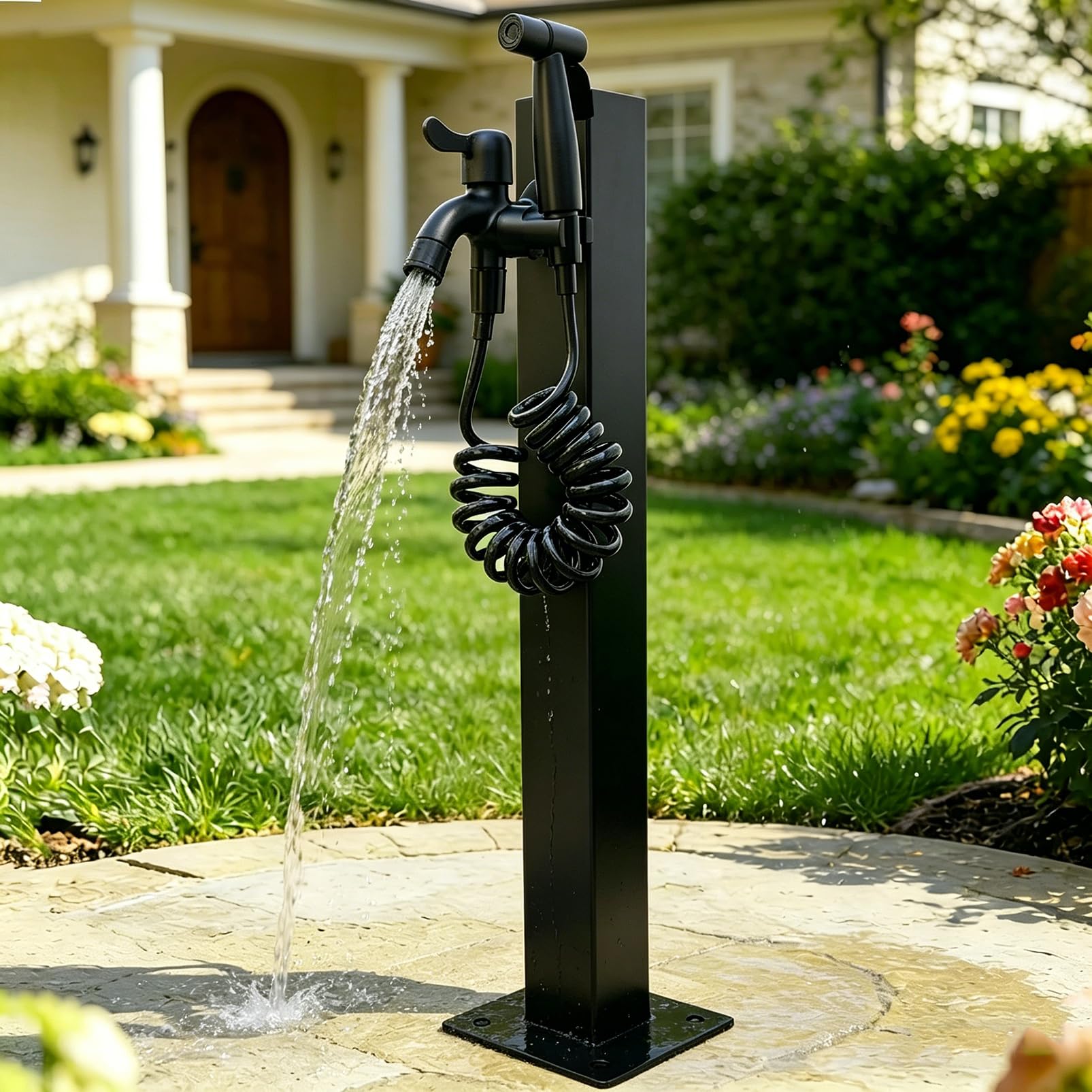 Outdoor Garden Water Column with Faucet, Stainless Steel Freestanding Outdoor Antifreeze Water Post with Dual Spouts, Yard Hydrant Faucet for Pet/Car Washing, Garden Irrigation, 23.6" H