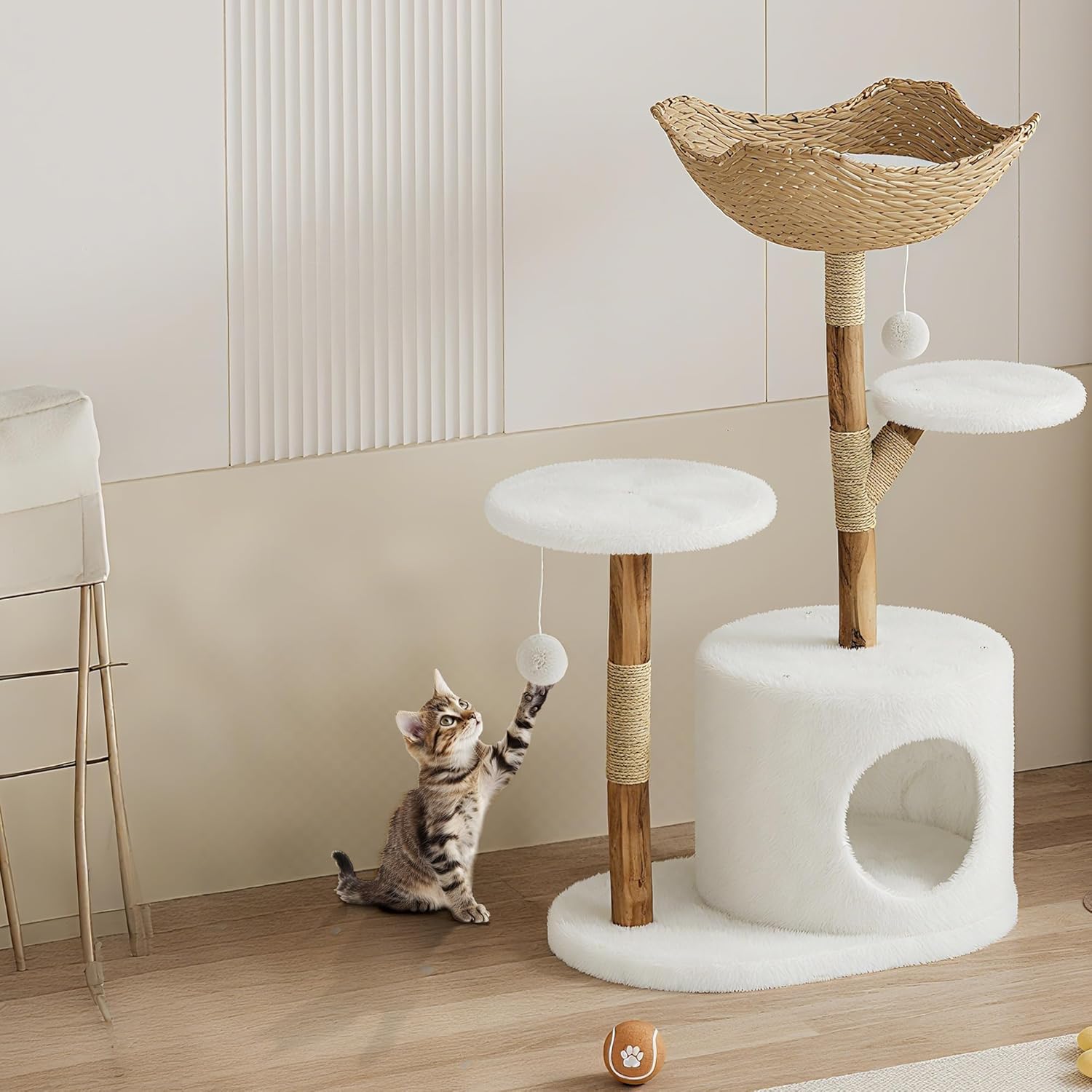 Real Wood Modern Cat Tree Tower, Cat Scratching Post with Bed for Indoor Cats with Natural Wicker Condo, Aesthetic Tree Stand, Boho Luxury Pet Furniture Two Platform