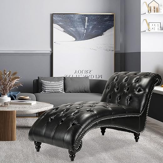 Chaise Lounge Indoor, Lounge Chair for Bedroom, Leather Tufted Chase Lounger Chair Indoor, Comfortable Home Chaise Longue for Living Room Furniture Lounges (Black)