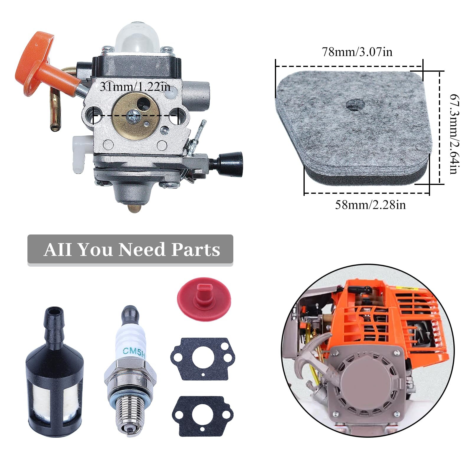 C1Q-S174 Vergaser Kit für Stihl FS90 FS90 R FS87 FS87R FS100 FS110 FS110R für FS FC KM Rasenmäher Serie mit Zündkerze + Luftfilter + Ölfilter + Vergaserdichtung + Ölblasenstopper