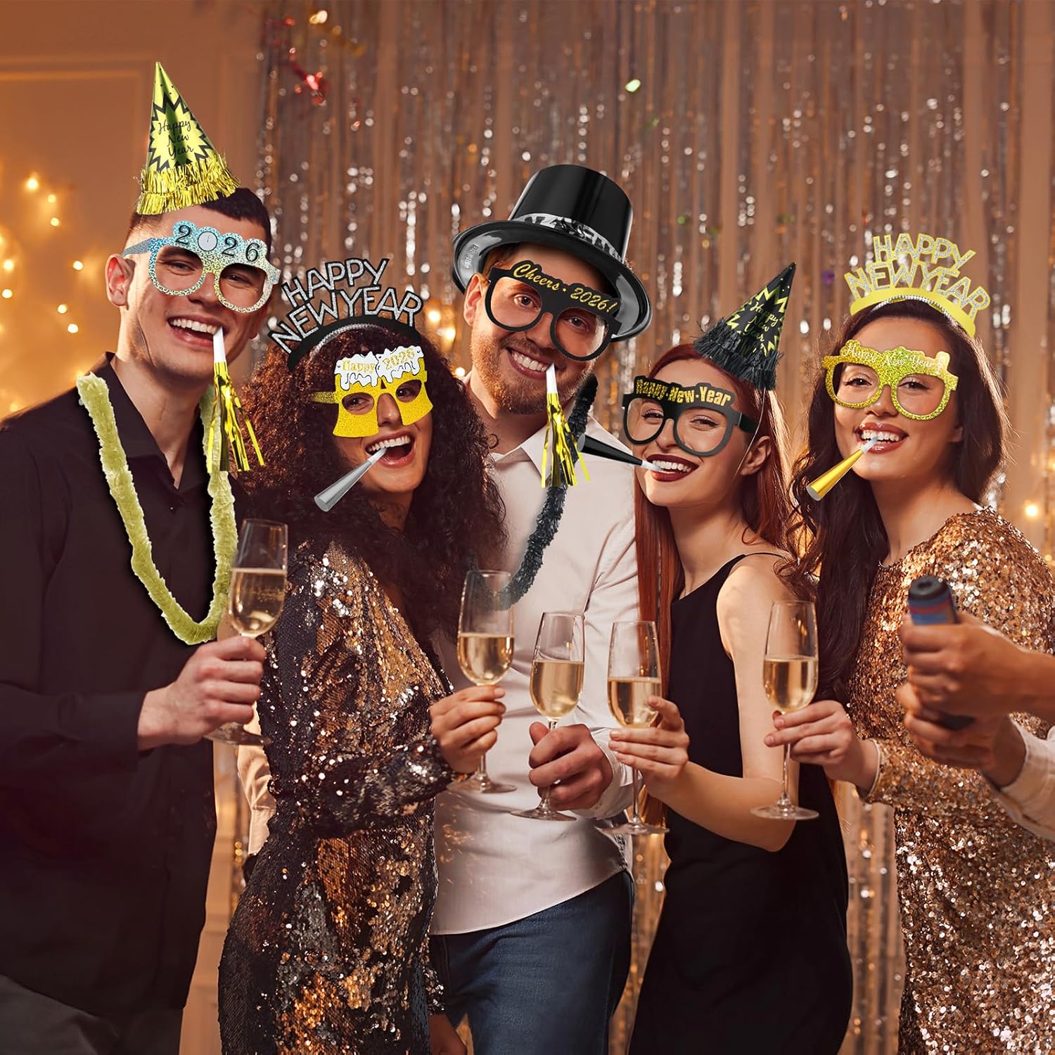 204 Pcs 2026 New Year's Eve Party Supplies for 50 Guests Includes Top Hats Cone Hats Tiaras Glasses Horns Squawkers Blowouts Bead Necklaces Lei Necklace Happy New Year Party Favors - Image 7