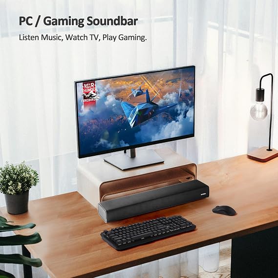 2.1ch 120W Small Bluetooth Soundbar for TV, PC, 23-inch TV Sound Bar with Built-in Subwoofer. Dialogue Enhancer, Optical/Aux, Wall Mount. Voyage 202