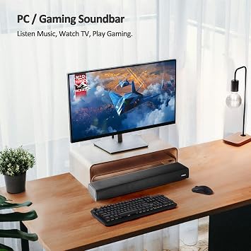2.1ch 120W Small Bluetooth Soundbar for TV, PC, 23-inch TV Sound Bar with Built-in Subwoofer. Dialogue Enhancer, Optical/Aux, Wall Mount. Voyage 202