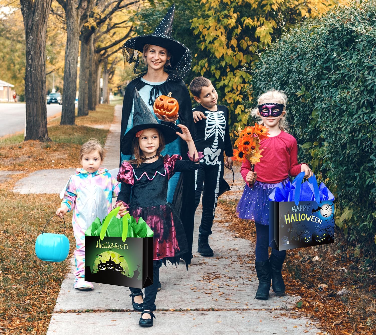 JWSCYSY 2Pack 12.6" Halloween Pumpkin Gift Bag with Card and Tissue Paper, Large Trick or Treat Gift Bags for Kids Adults Party Favor (Blue, Green) - Image 4