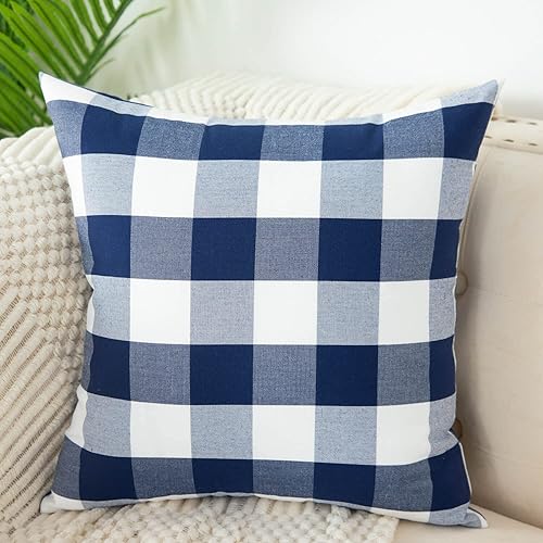 Miniatura 5 de VOGOL Paquete de 2 fundas de almohada de 18 x 18 pulgadas, funda de cojín cuadrada suave a cuadros azul marino y blanco, patrón de cuadros de búfalo