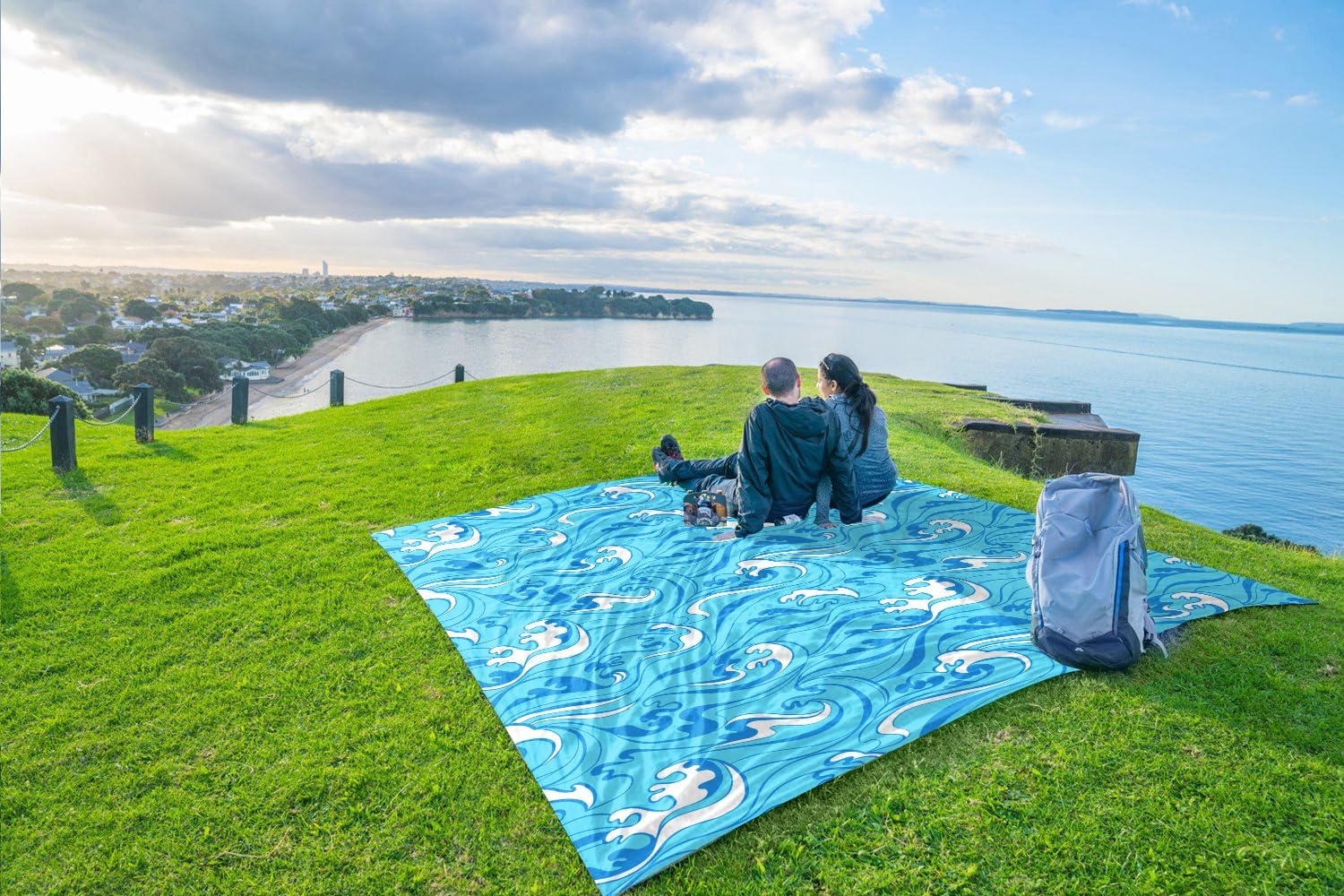 WEKAPO Beach Blanket Waterproof Sandproof Oversized Extra Large Sand Free Beach Mat with Stakes, Storage Bag - Essentials for Outdoor Beach, Picnic (Blue Ocean Waves, 11 X 9 FT (1~10 Person)) - Image 8