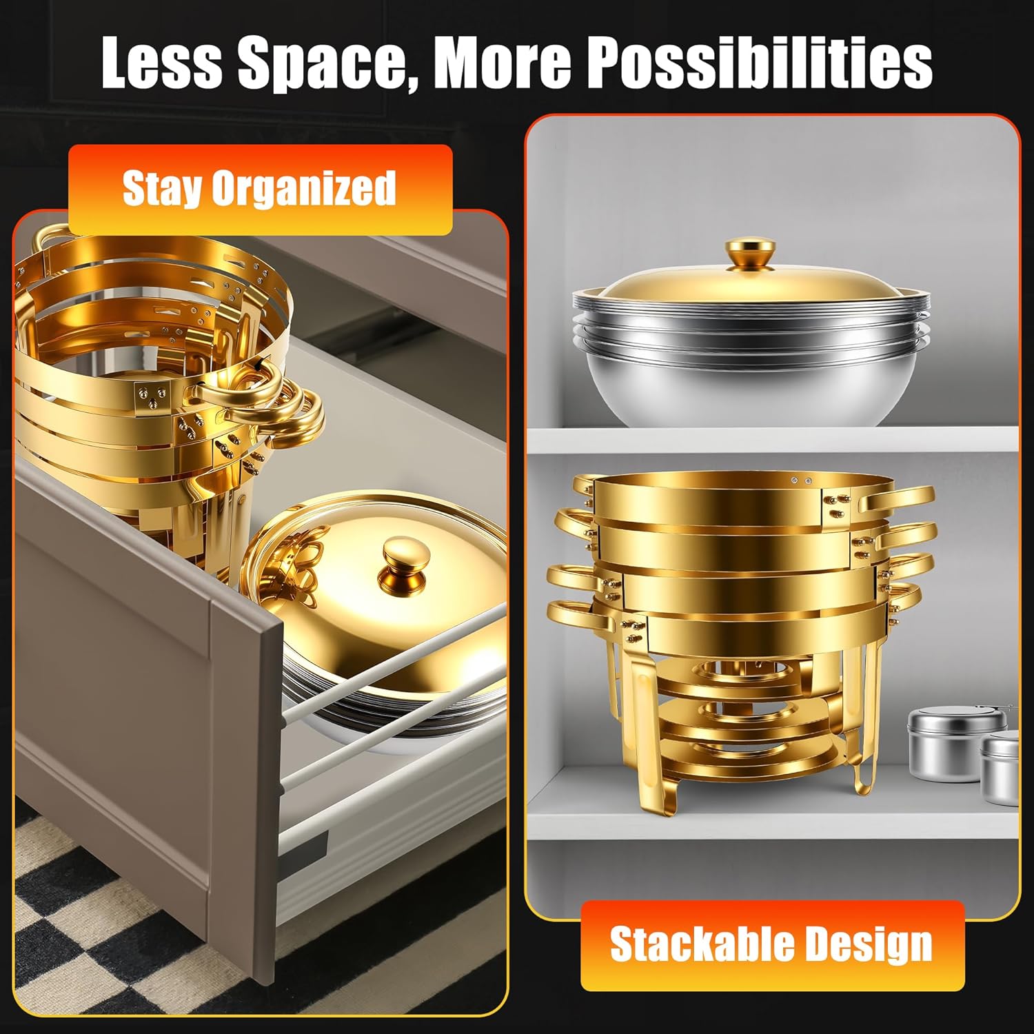 Chafing Dishes Buffet Food Warmer - Parties Servers Trays Catering Dish Warming Display Set - Chafers Keep Warm Serving Tray Round Heating Kit with Burners 4 Set Gold